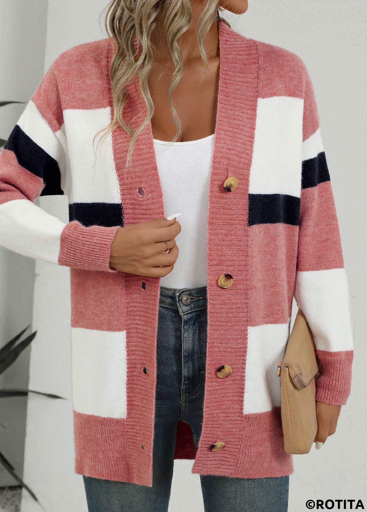 Pink tops,White tops,Striped tops,Geometric tops,ROTITA Button Striped Pink Long Sleeve Cardigan