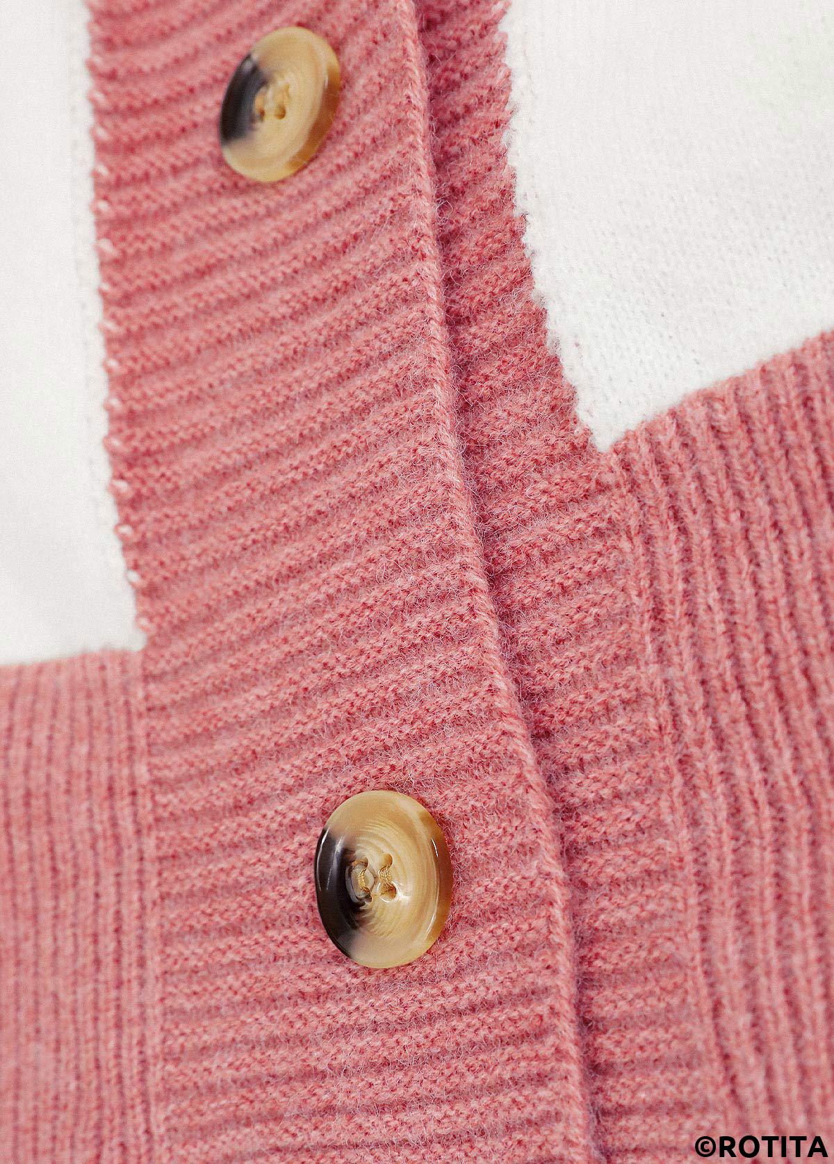 Pink tops,White tops,Striped tops,Geometric tops,ROTITA Button Striped Pink Long Sleeve Cardigan