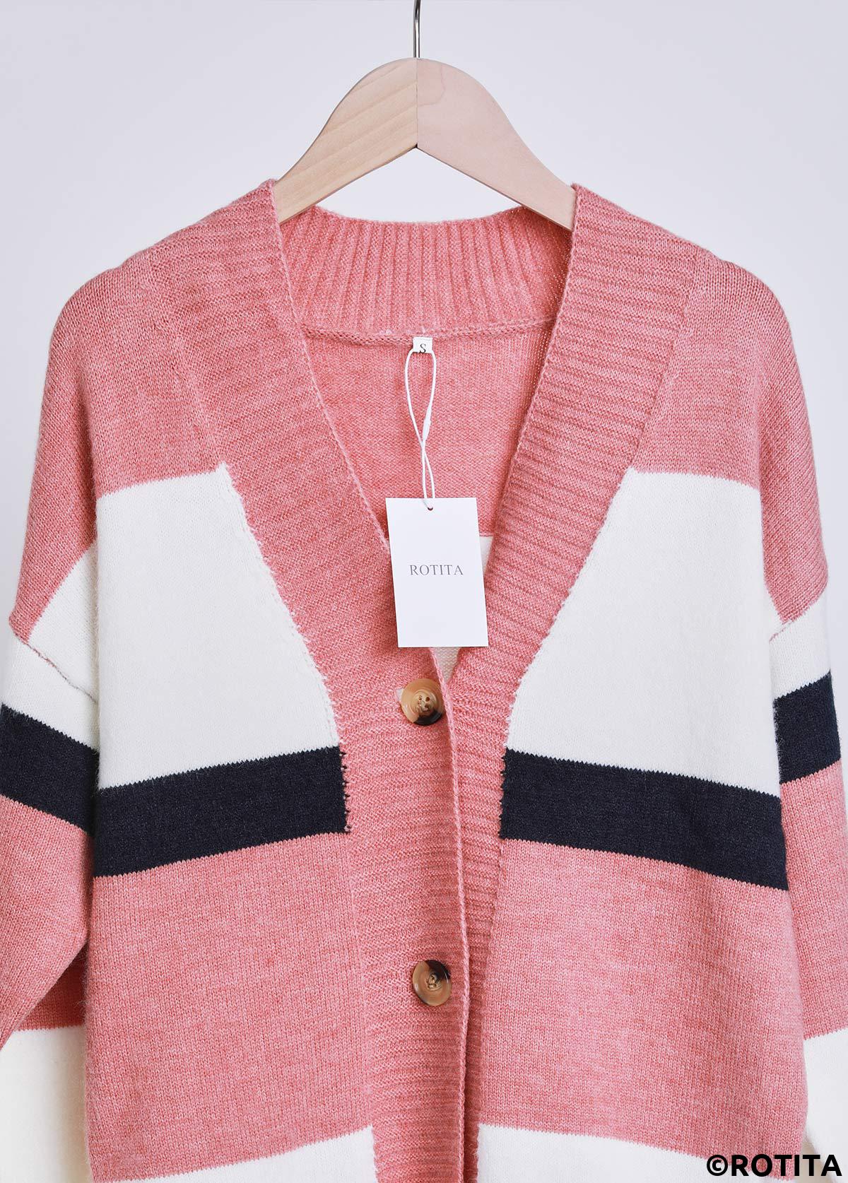 Pink tops,White tops,Striped tops,Geometric tops,ROTITA Button Striped Pink Long Sleeve Cardigan