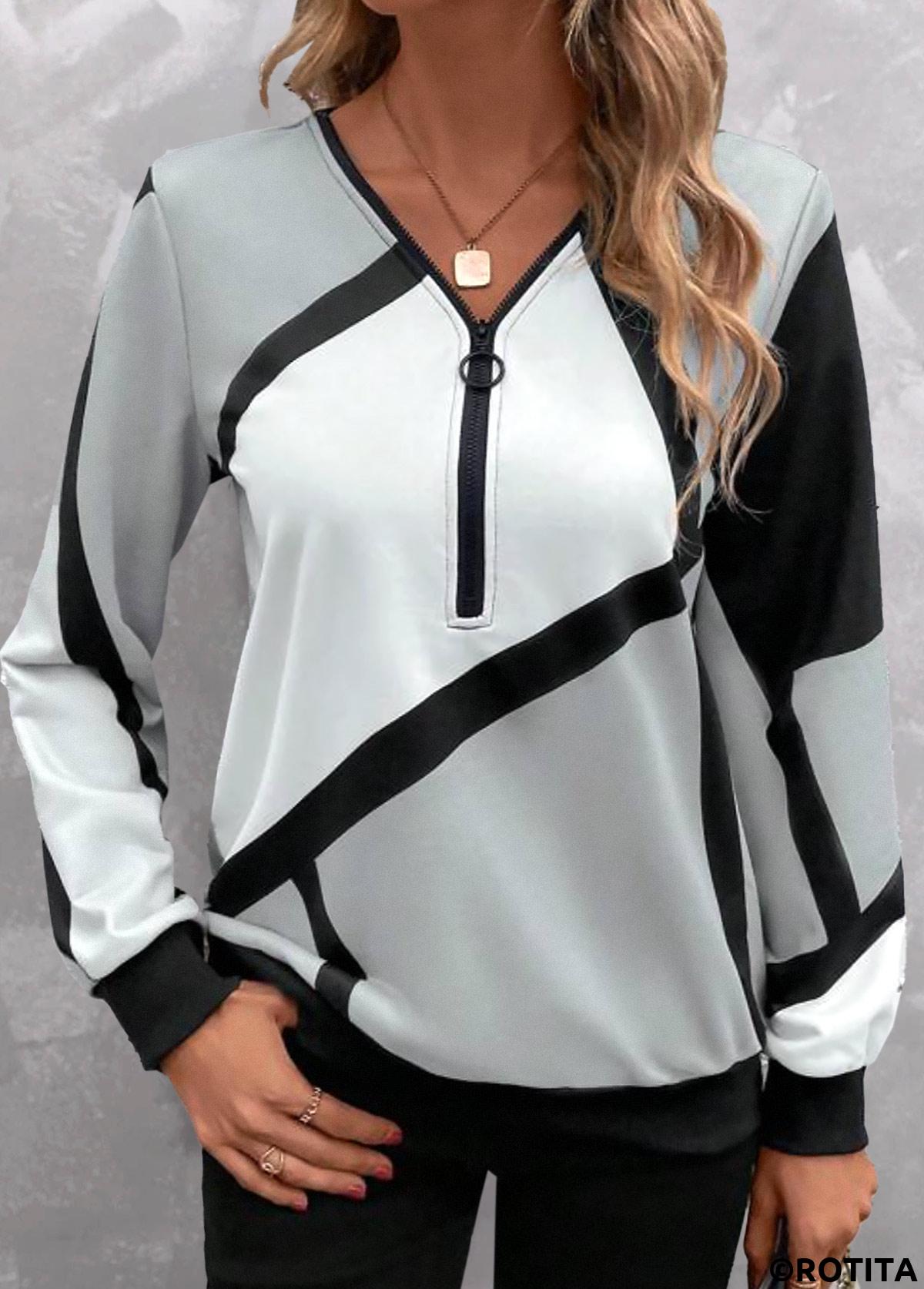 Light Grey tops,Geometric tops,Striped tops,ROTITA Zipper Geometric Print Light Grey V Neck Sweatshirt