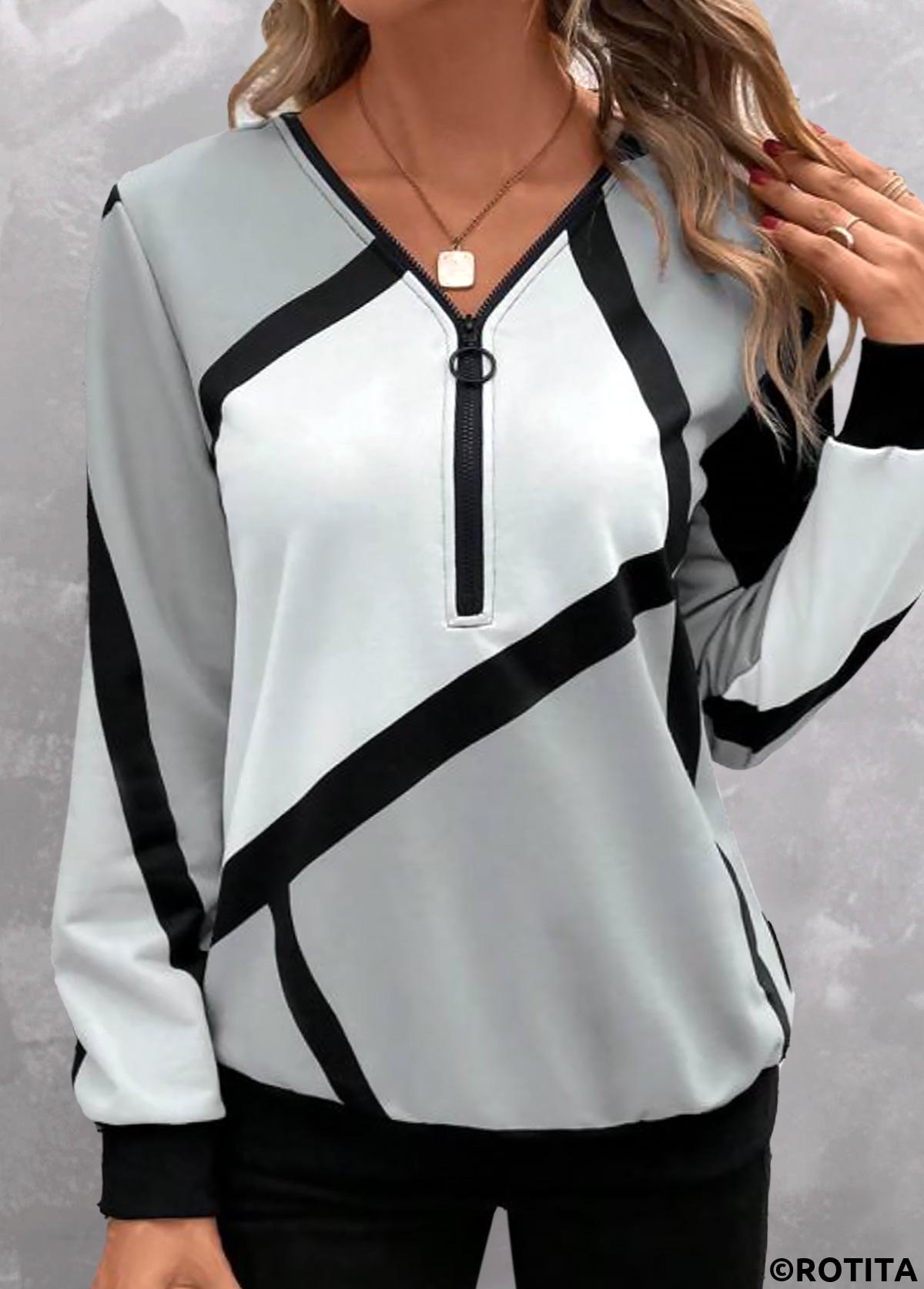Light Grey tops,Geometric tops,Striped tops,ROTITA Zipper Geometric Print Light Grey V Neck Sweatshirt