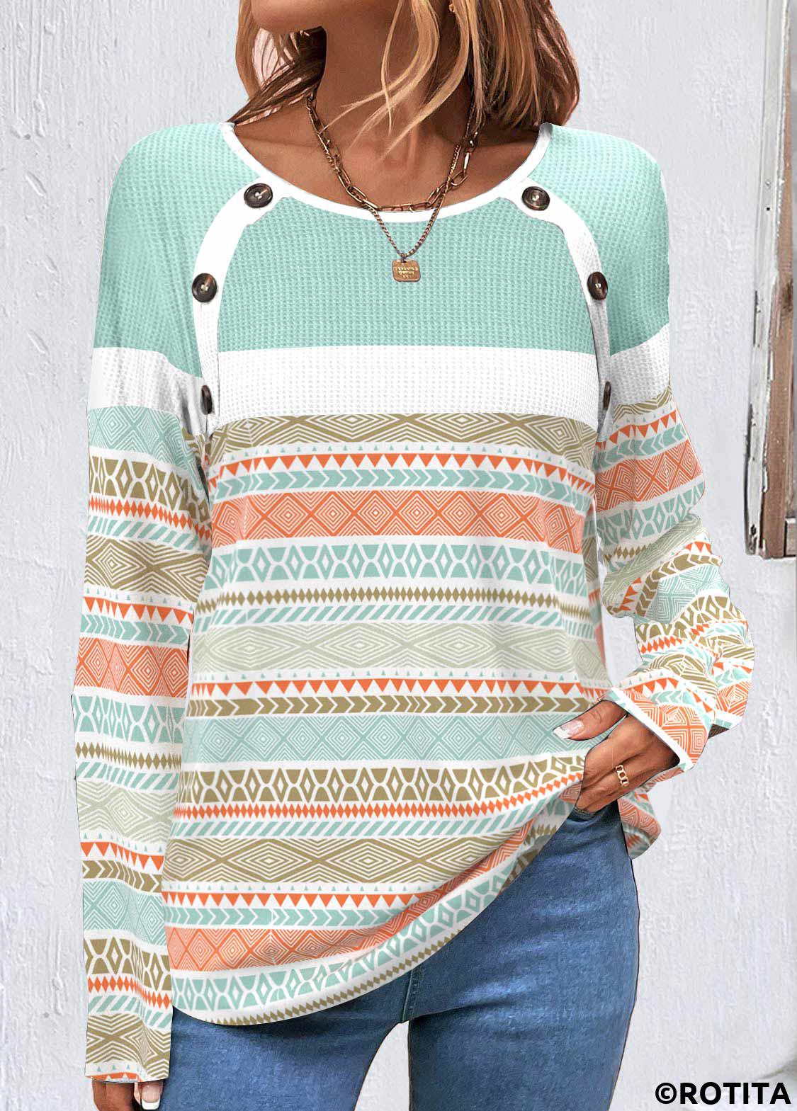 Multi Color tops,Tribal tops,Striped tops,ROTITA Patchwork Tribal Print Multi Color Scoop Neck Sweatshirt