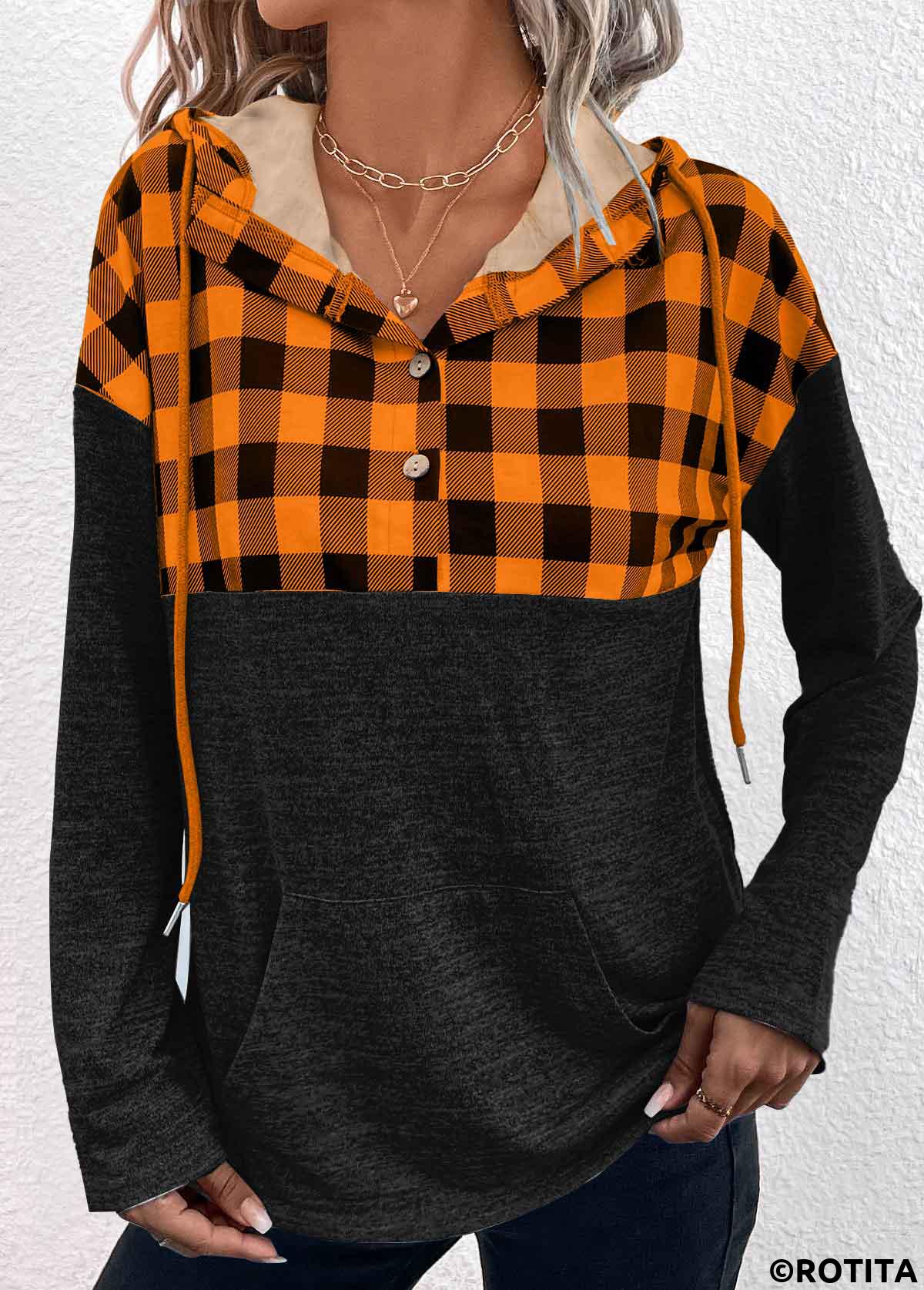 Black tops,Contrast Color tops,Striped tops,Plaid tops,ROTITA Pocket Patchwork Black Long Sleeve Hoodie