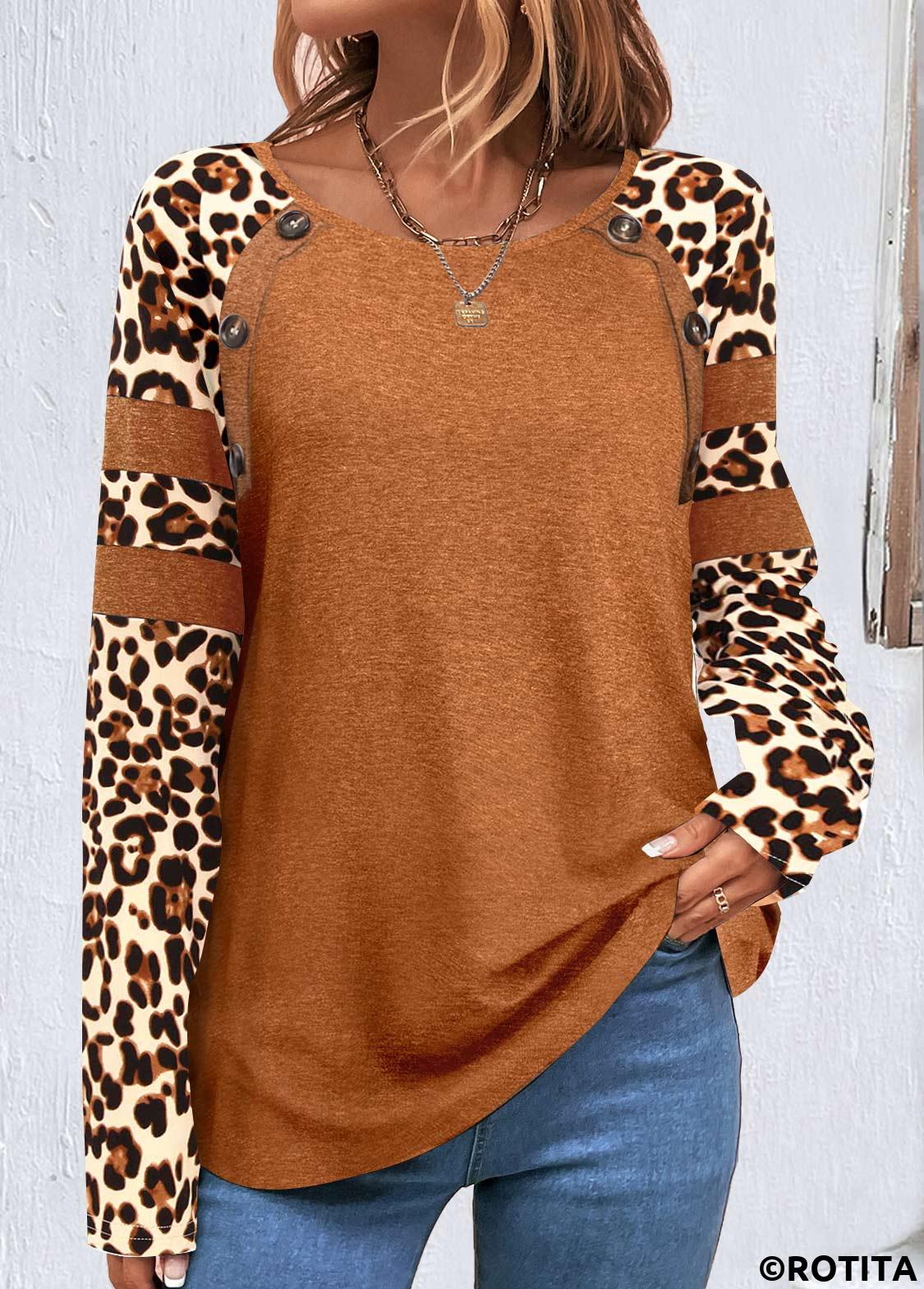 Dark Camel tops,Leopard tops,Striped tops,ROTITA Patchwork Leopard Dark Camel Round Neck T Shirt