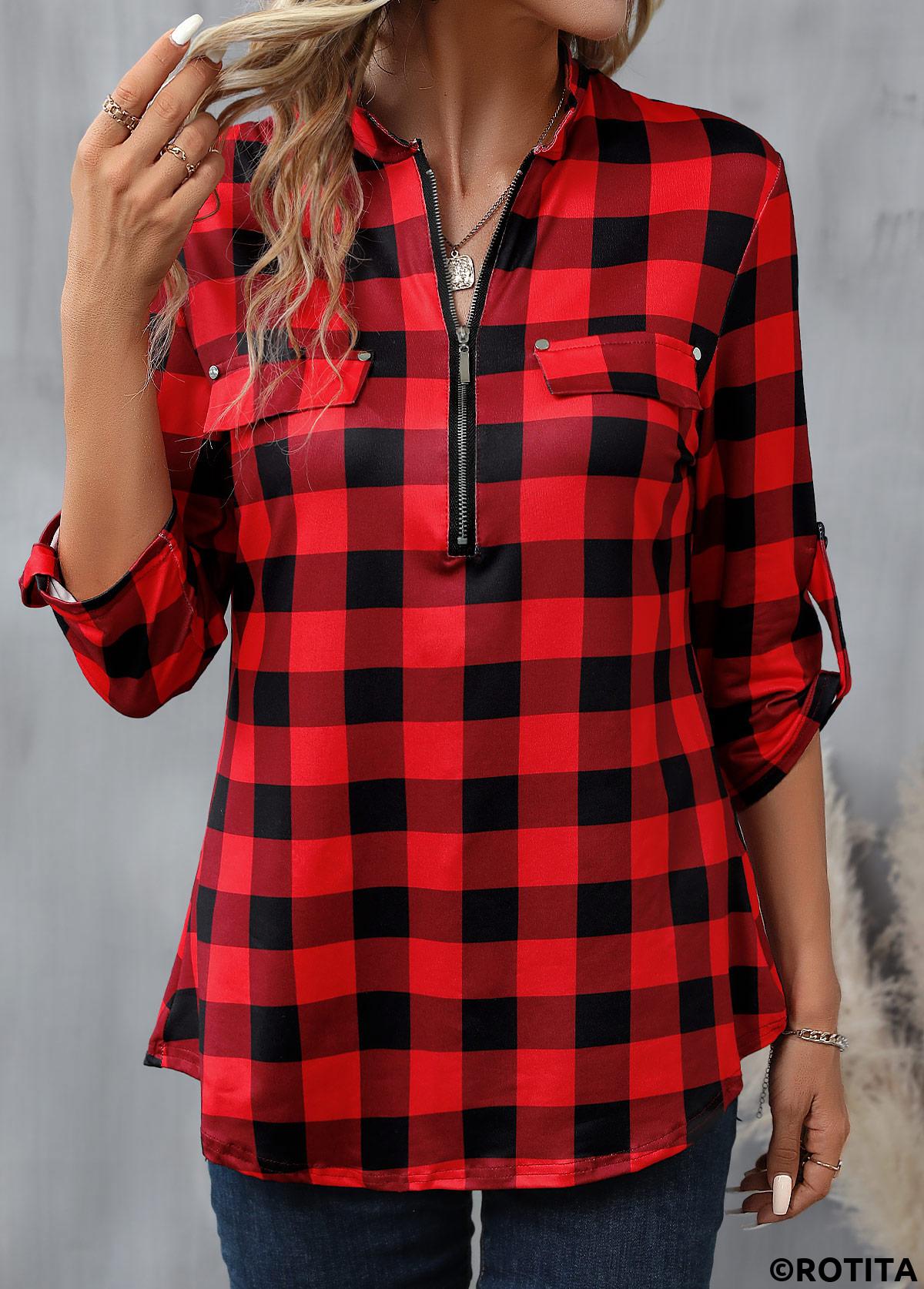 Red tops,Black tops,Plaid tops,Geometric tops,Striped tops,ROTITA Zipper Plaid Red High Neck Long Sleeve Blouse