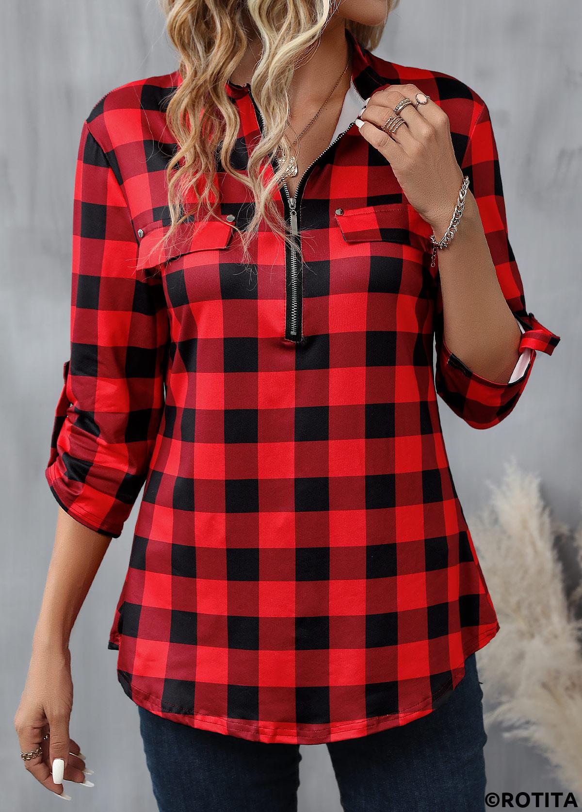 Red tops,Black tops,Plaid tops,Geometric tops,Striped tops,ROTITA Zipper Plaid Red High Neck Long Sleeve Blouse