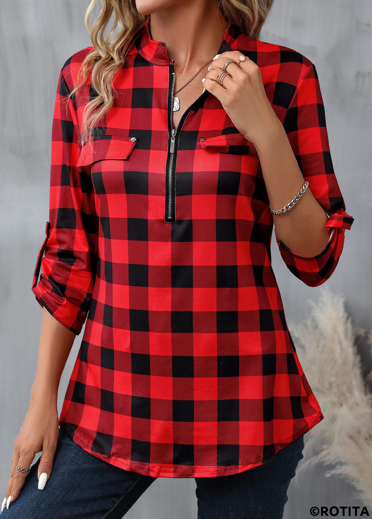 Red tops,Black tops,Plaid tops,Geometric tops,Striped tops,ROTITA Zipper Plaid Red High Neck Long Sleeve Blouse