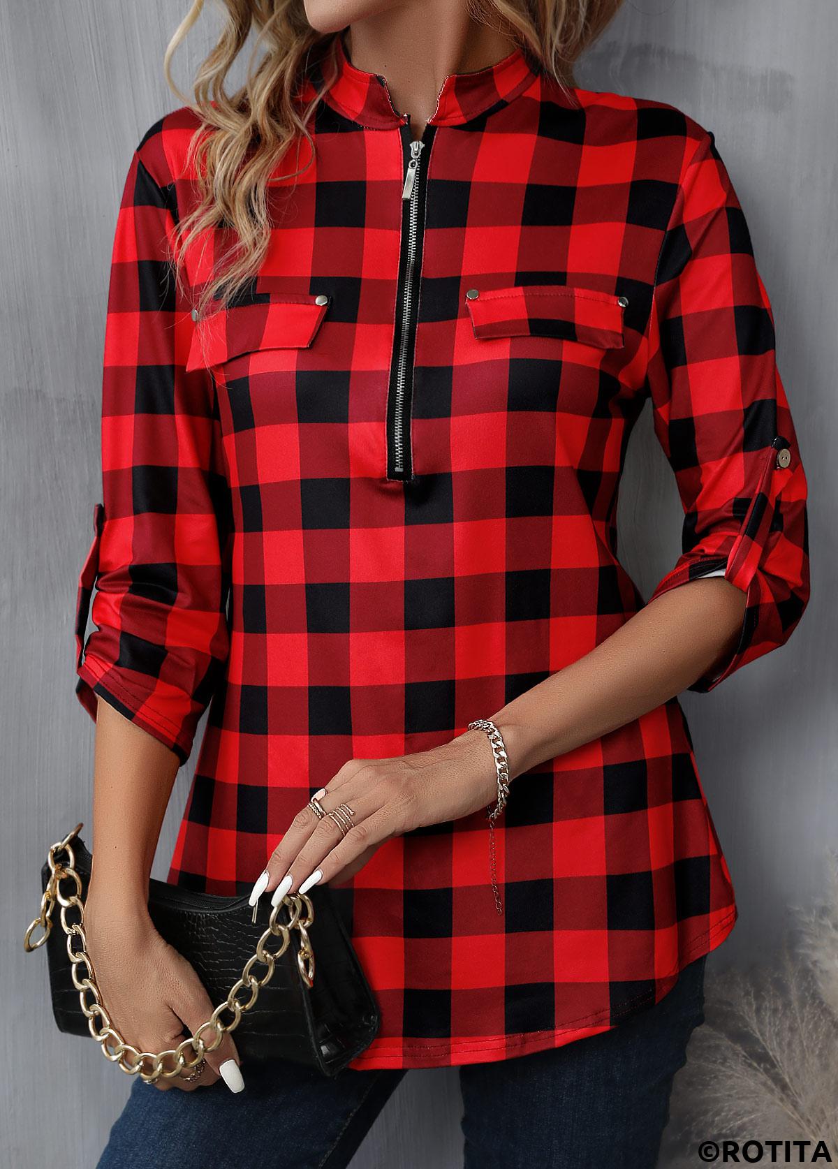 Red tops,Black tops,Plaid tops,Geometric tops,Striped tops,ROTITA Zipper Plaid Red High Neck Long Sleeve Blouse