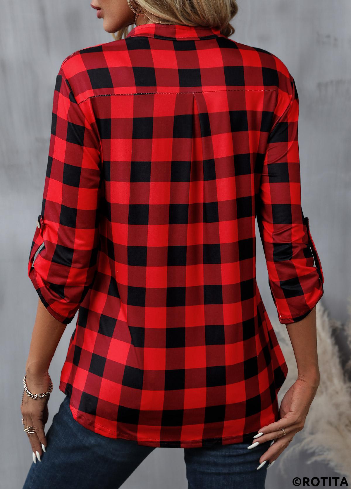 Red tops,Black tops,Plaid tops,Geometric tops,Striped tops,ROTITA Zipper Plaid Red High Neck Long Sleeve Blouse