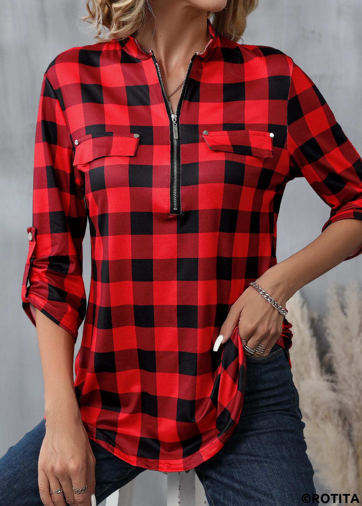 Red tops,Black tops,Plaid tops,Geometric tops,Striped tops,ROTITA Zipper Plaid Red High Neck Long Sleeve Blouse