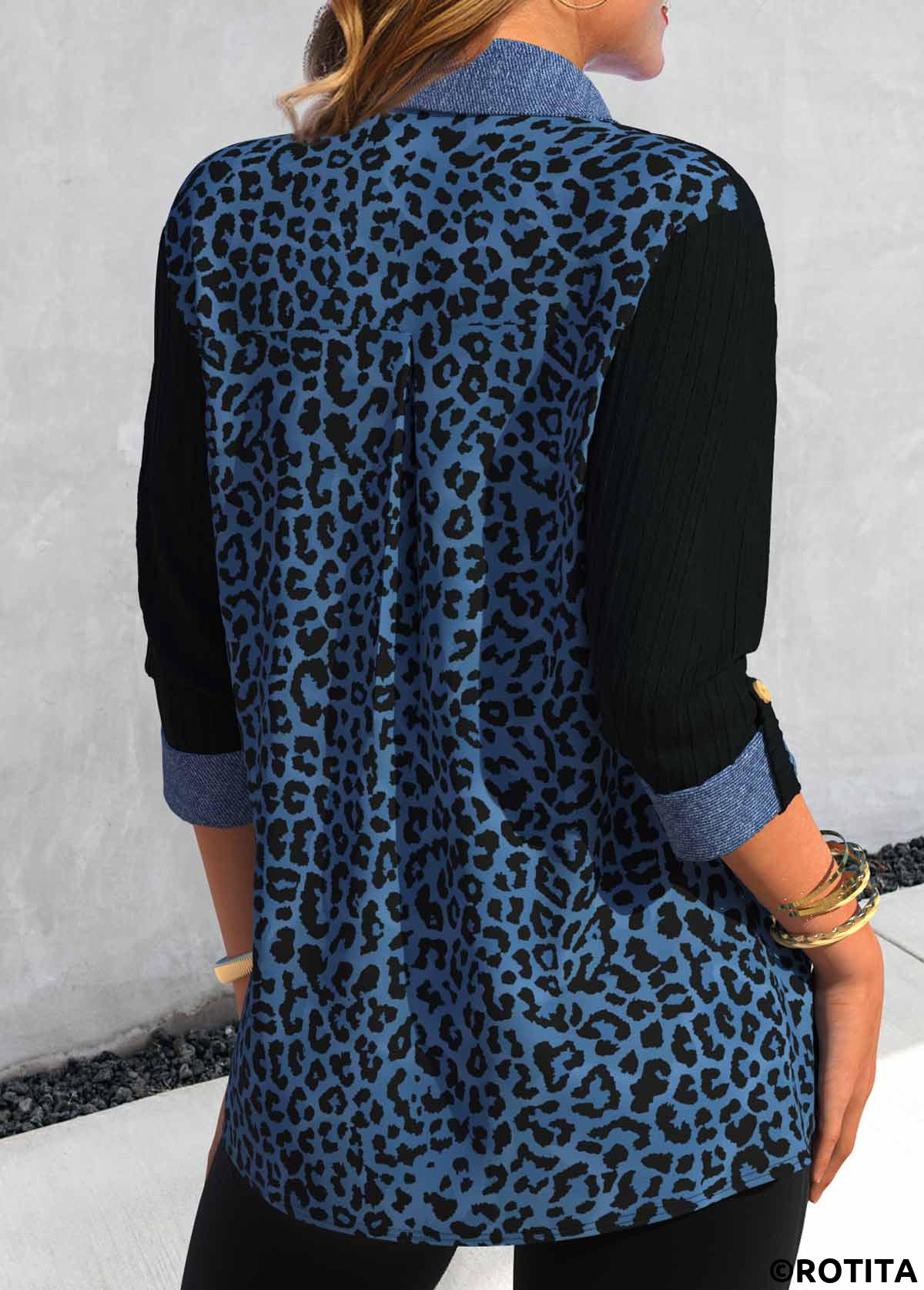 Denim Blue tops,Black tops,Leopard tops,ROTITA Patchwork Leopard Denim Blue Shirt Collar Blouse