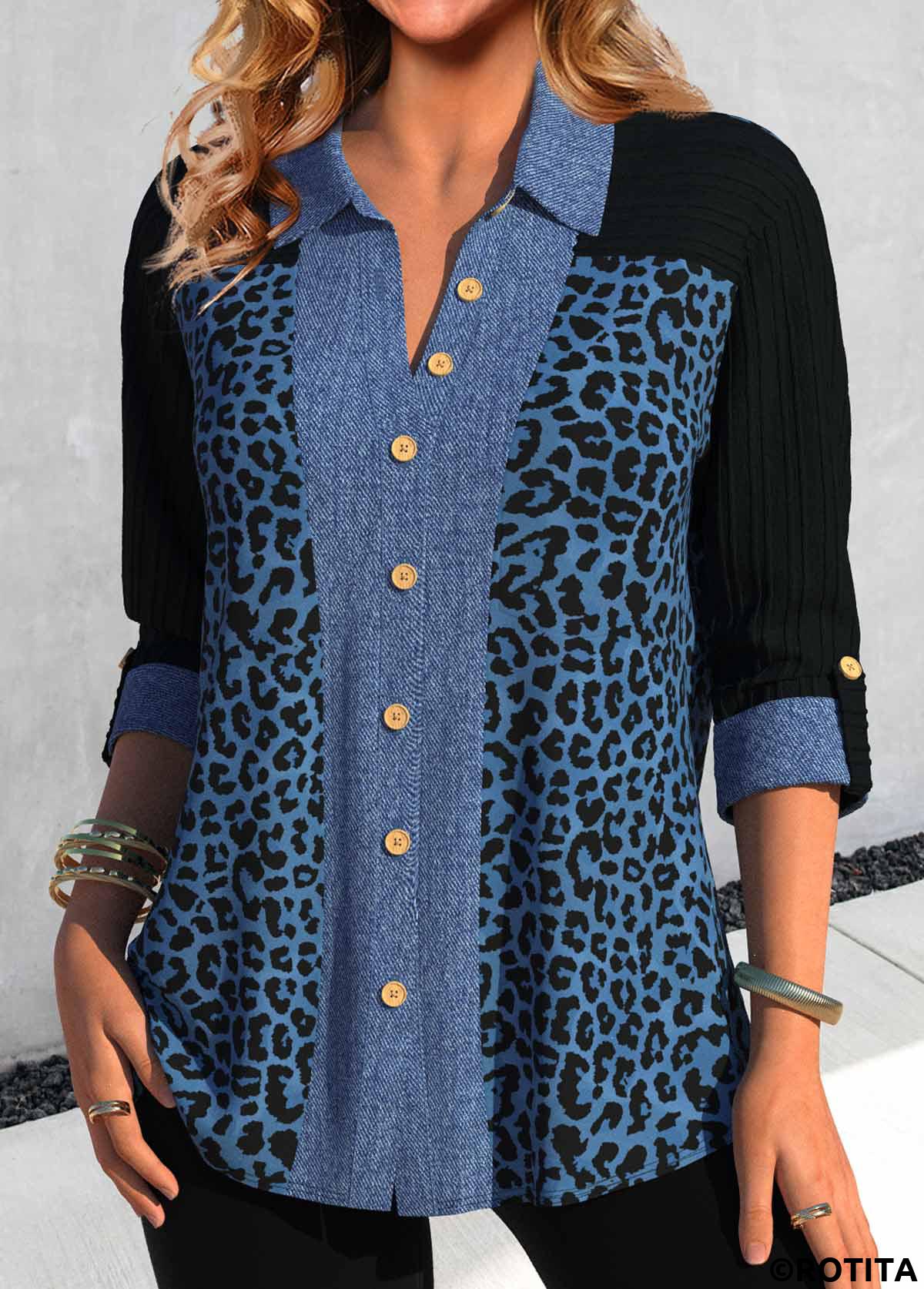 Denim Blue tops,Black tops,Leopard tops,ROTITA Patchwork Leopard Denim Blue Shirt Collar Blouse