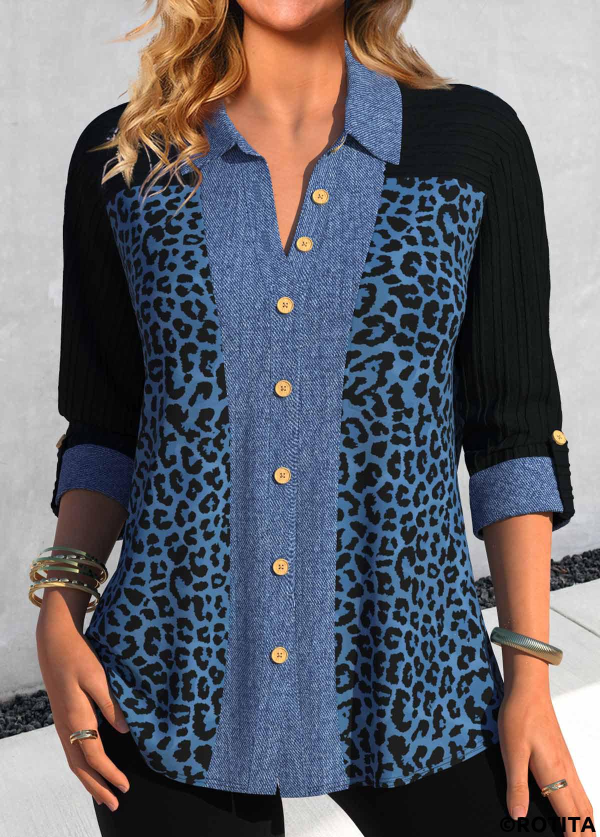 Denim Blue tops,Black tops,Leopard tops,ROTITA Patchwork Leopard Denim Blue Shirt Collar Blouse