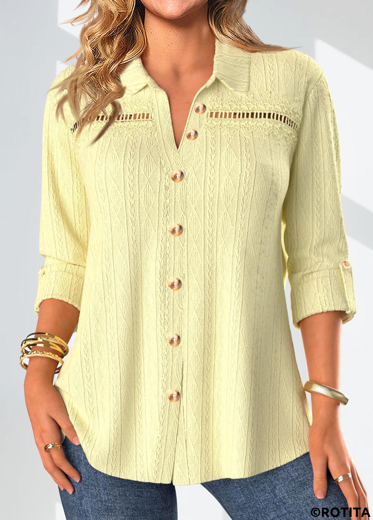 Light Yellow tops,Plain Color tops,ROTITA Lace Light Yellow Shirt Collar Long Sleeve Blouse