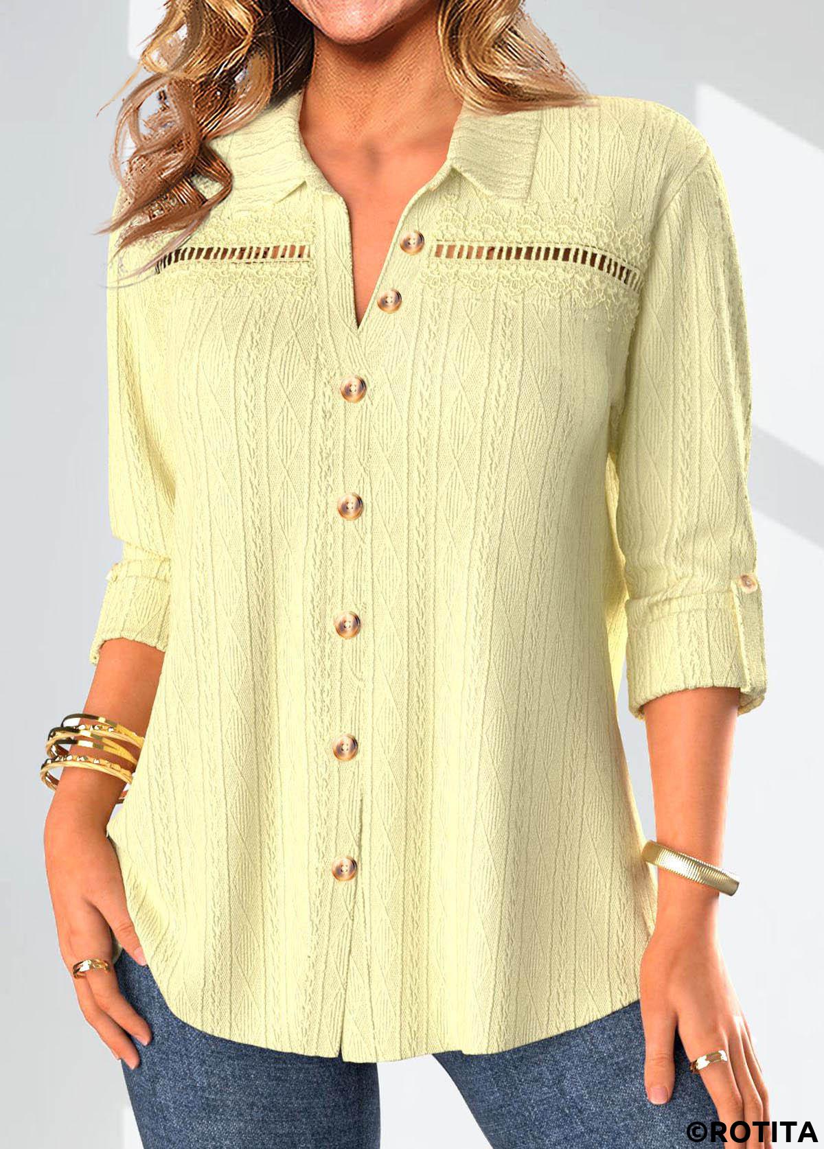 Light Yellow tops,Plain Color tops,ROTITA Lace Light Yellow Shirt Collar Long Sleeve Blouse