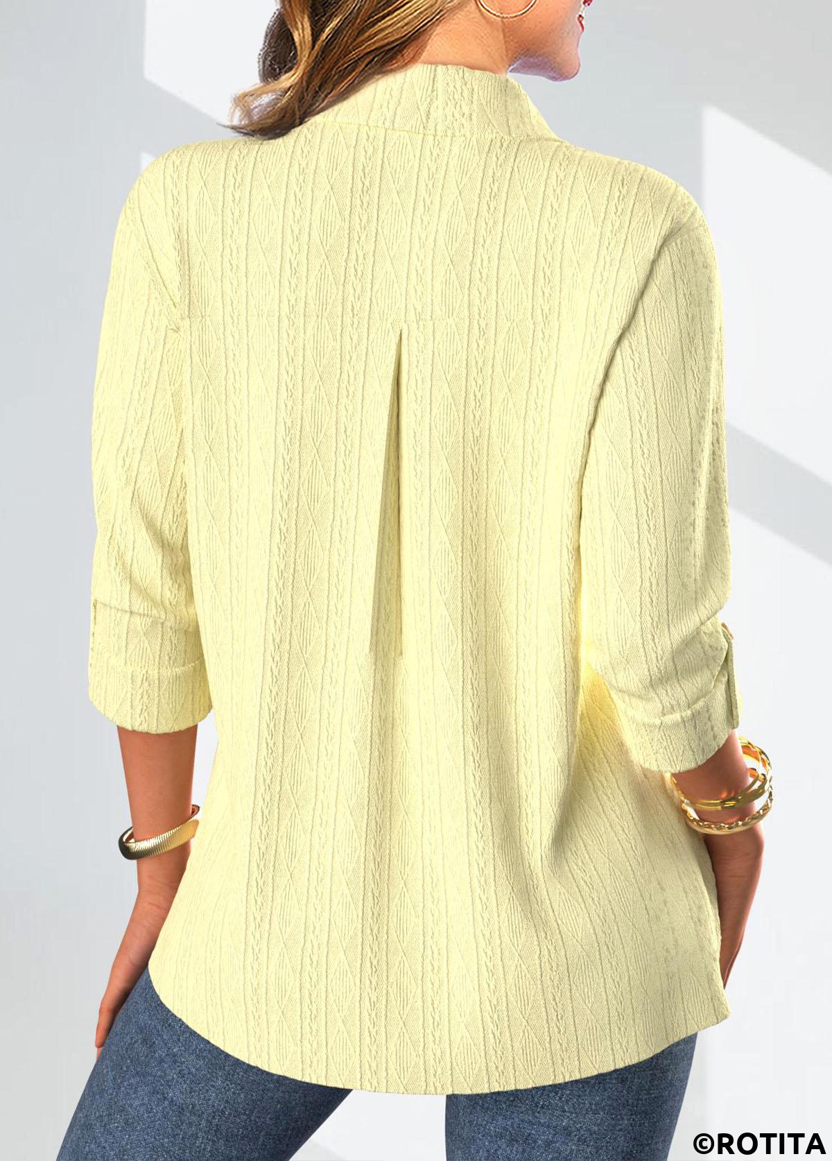 Light Yellow tops,Plain Color tops,ROTITA Lace Light Yellow Shirt Collar Long Sleeve Blouse