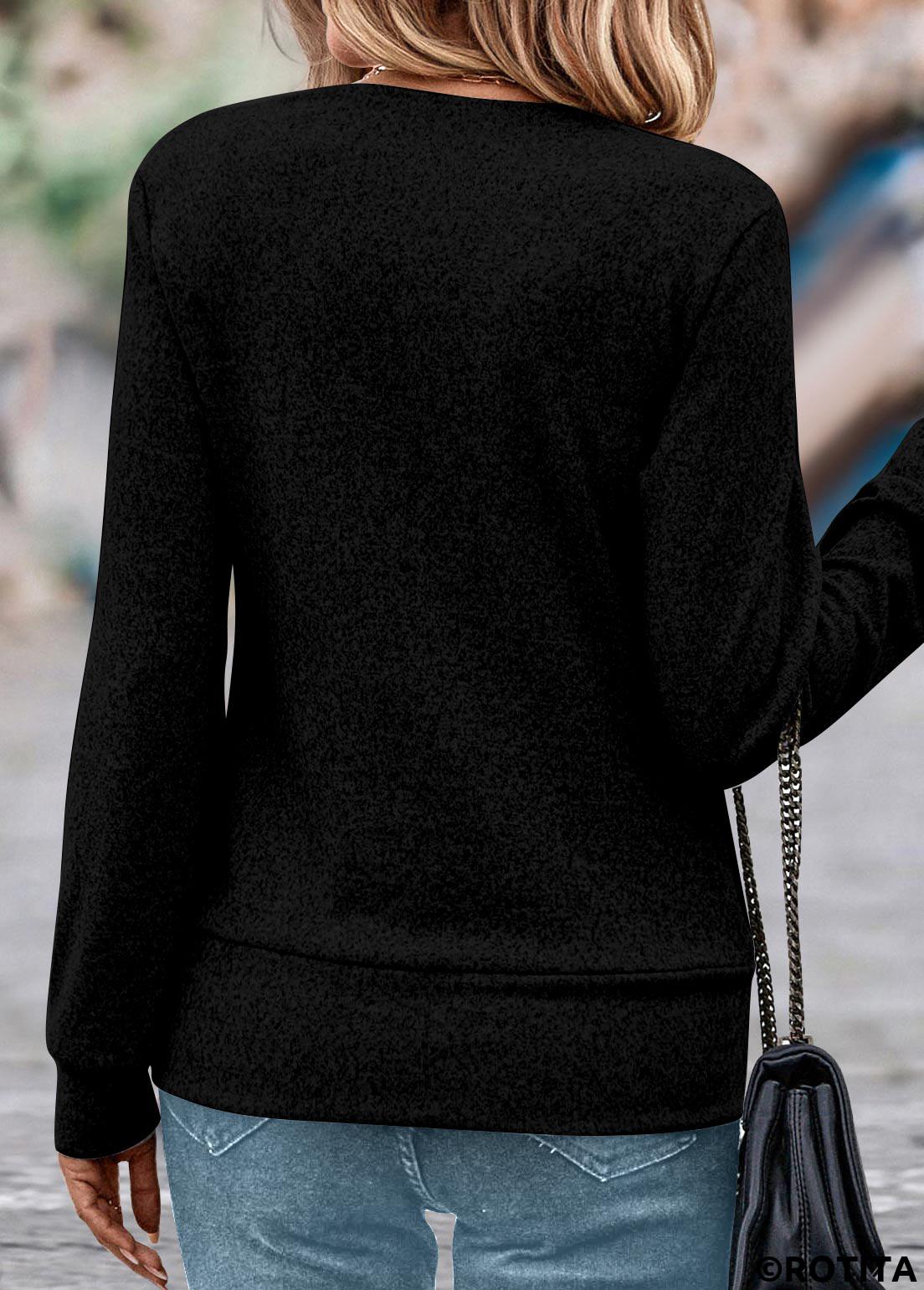 Black tops,Plants tops,Floral tops,ROTITA Fake 2in1 Random Floral Print Black Sweatshirt