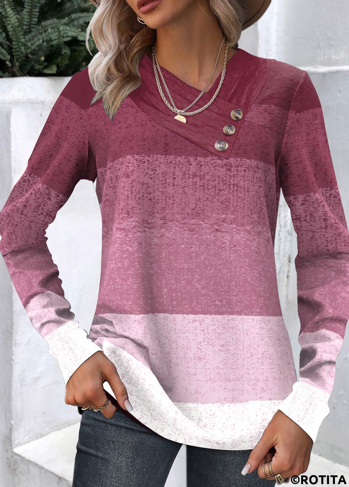 ROTITA Button Ombre Dark Reddish Purple Asymmetrical Neck Sweatshirt