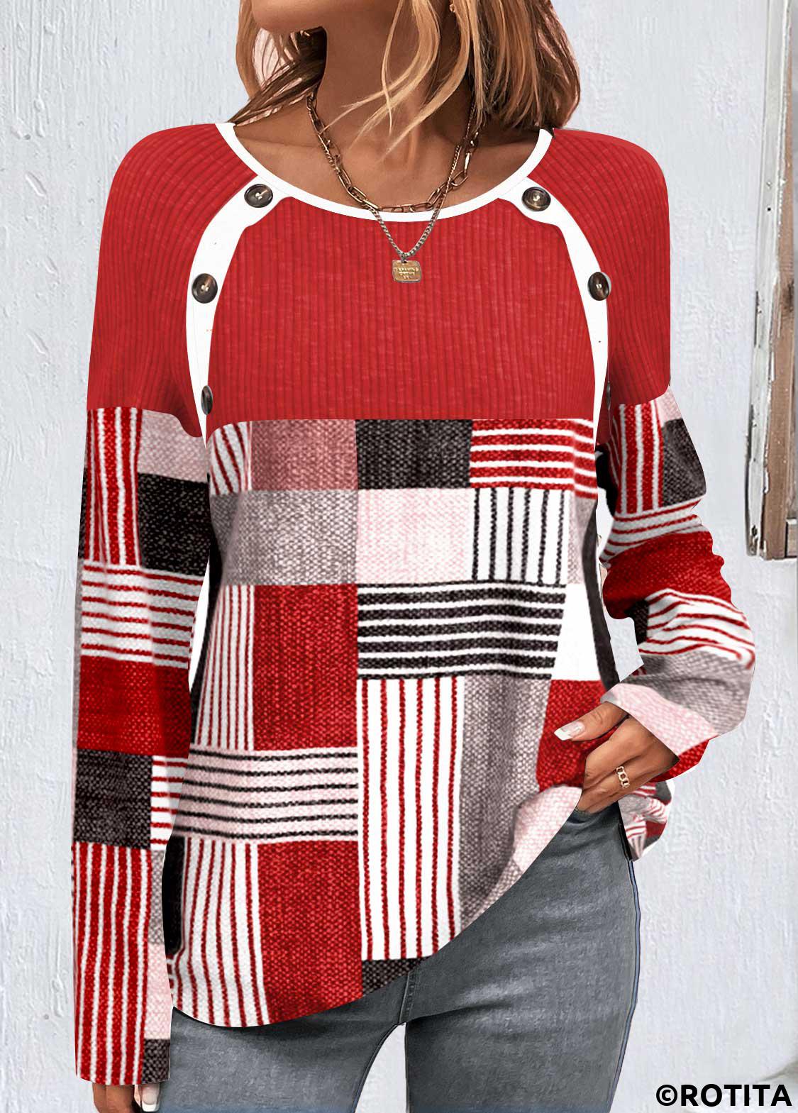 Red tops,Geometric tops,Striped tops,ROTITA Button Geometric Print Red Round Neck T Shirt
