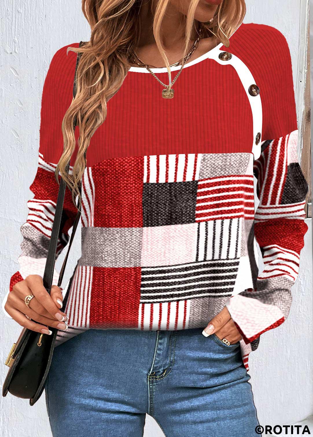 Red tops,Geometric tops,Striped tops,ROTITA Button Geometric Print Red Round Neck T Shirt