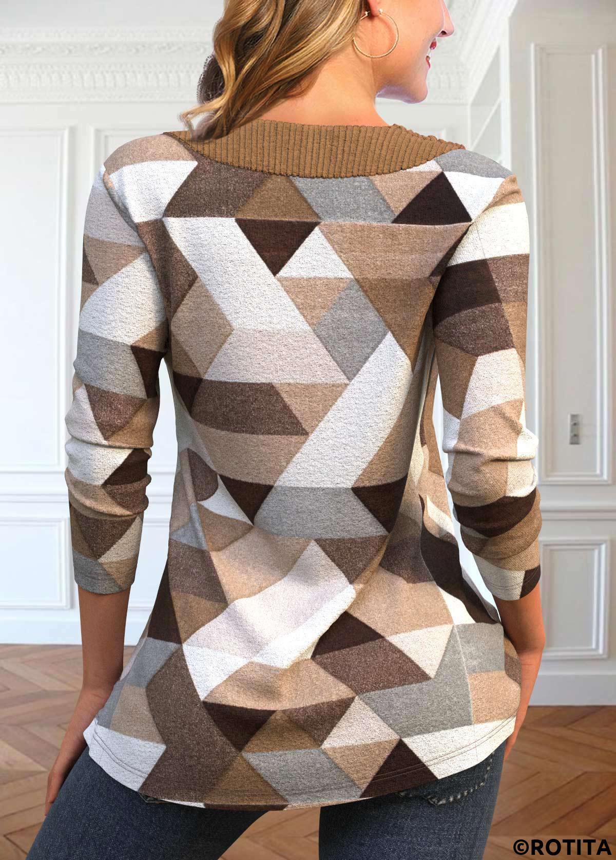 Light Coffee tops,Geometric tops,Striped tops,ROTITA Asymmetry Geometric Print Light Coffee T Shirt