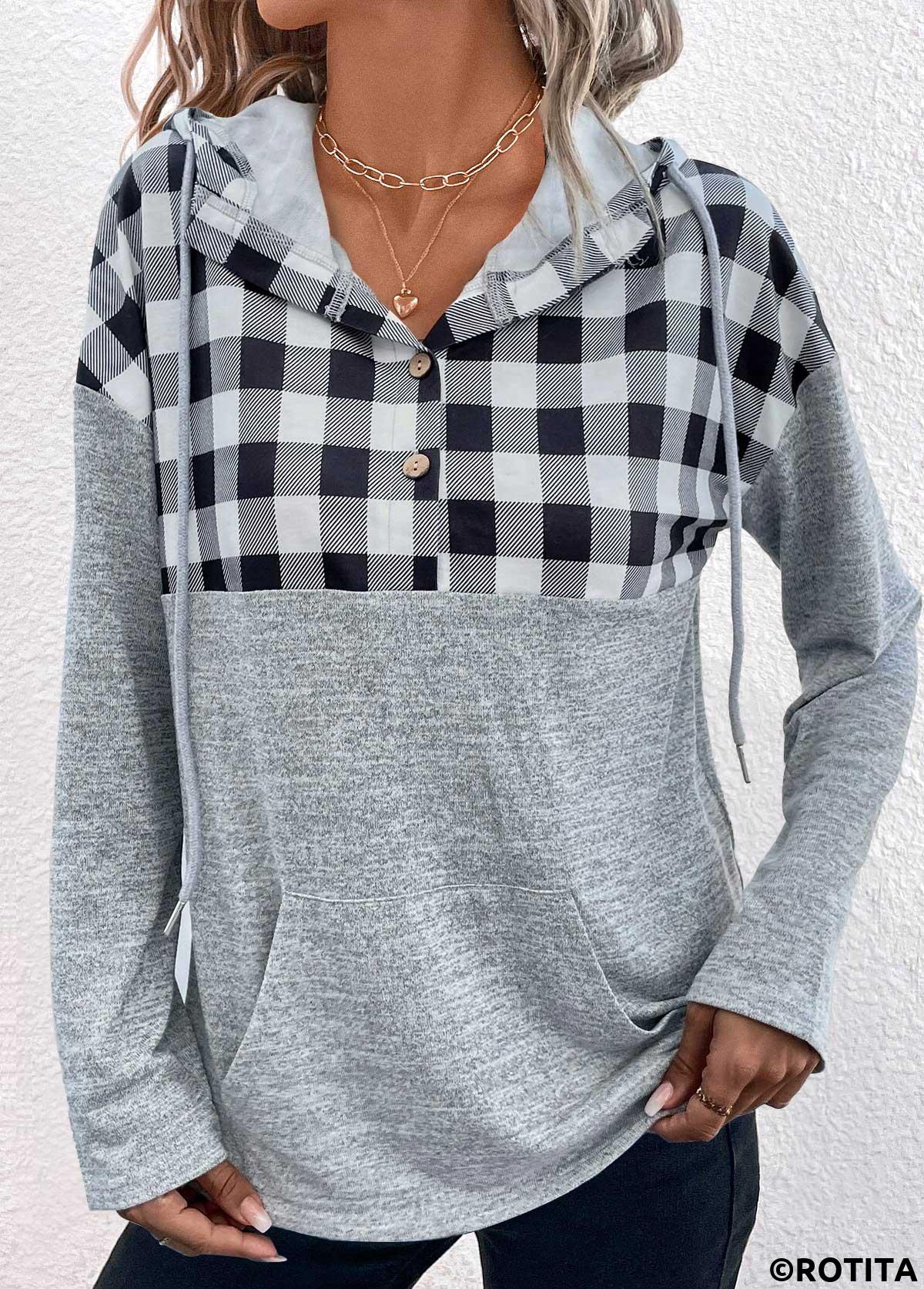 Light Grey tops,Plaid tops,Striped tops,Geometric tops,ROTITA Pocket Plaid Light Grey Long Sleeve Hoodie