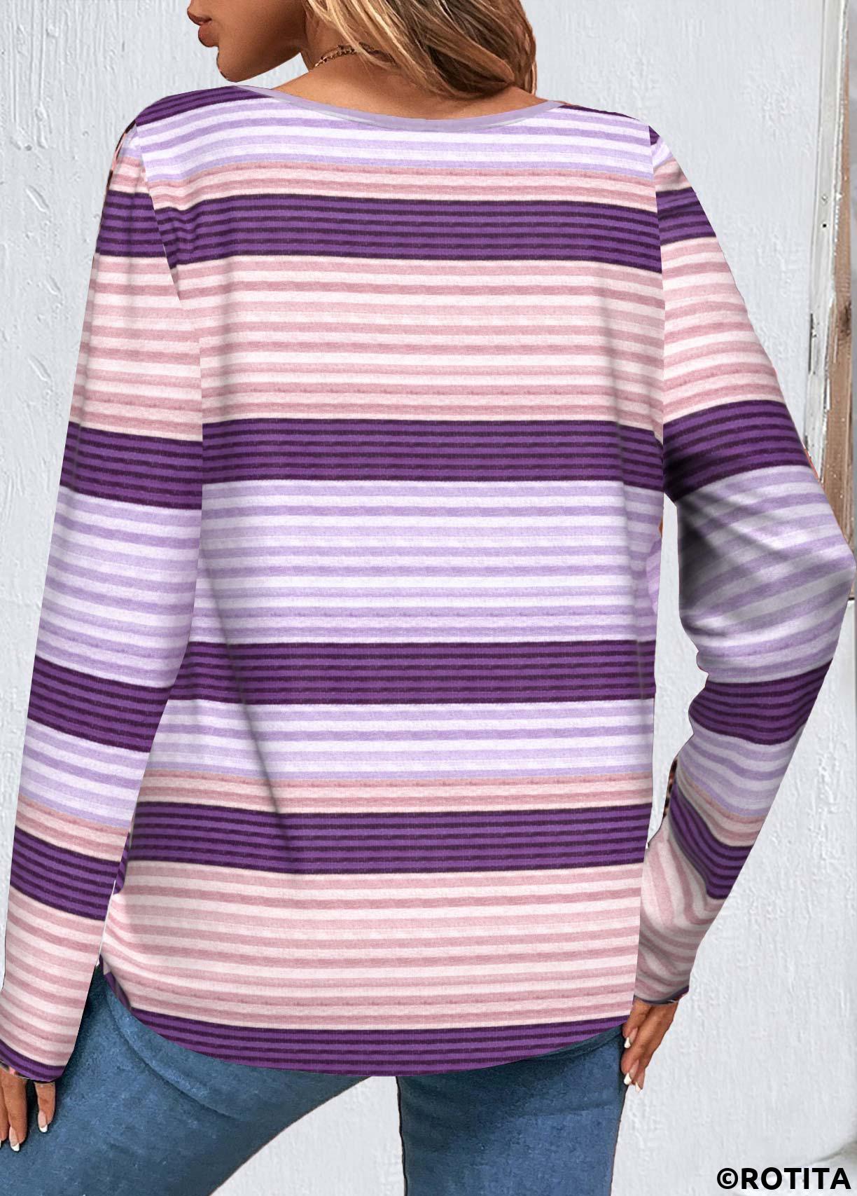 Purple tops,Rainbow Color tops,Striped tops,Geometric tops,ROTITA Button Striped Purple Round Neck T Shirt