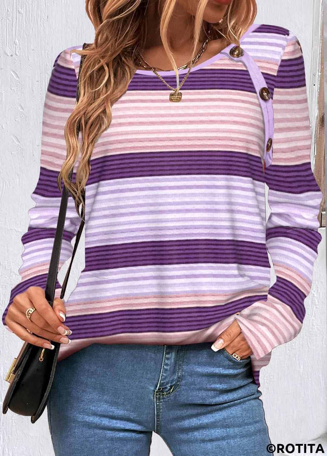 Purple tops,Rainbow Color tops,Striped tops,Geometric tops,ROTITA Button Striped Purple Round Neck T Shirt