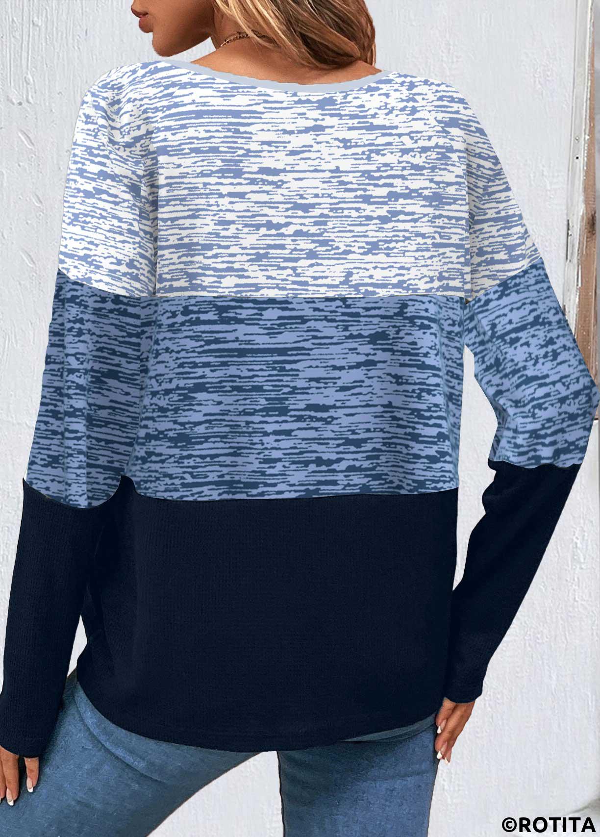 Blue plus size,Striped plus size,Geometric plus size,ROTITA Plus Size Patchwork Blue Striped Round Neck Sweatshirt