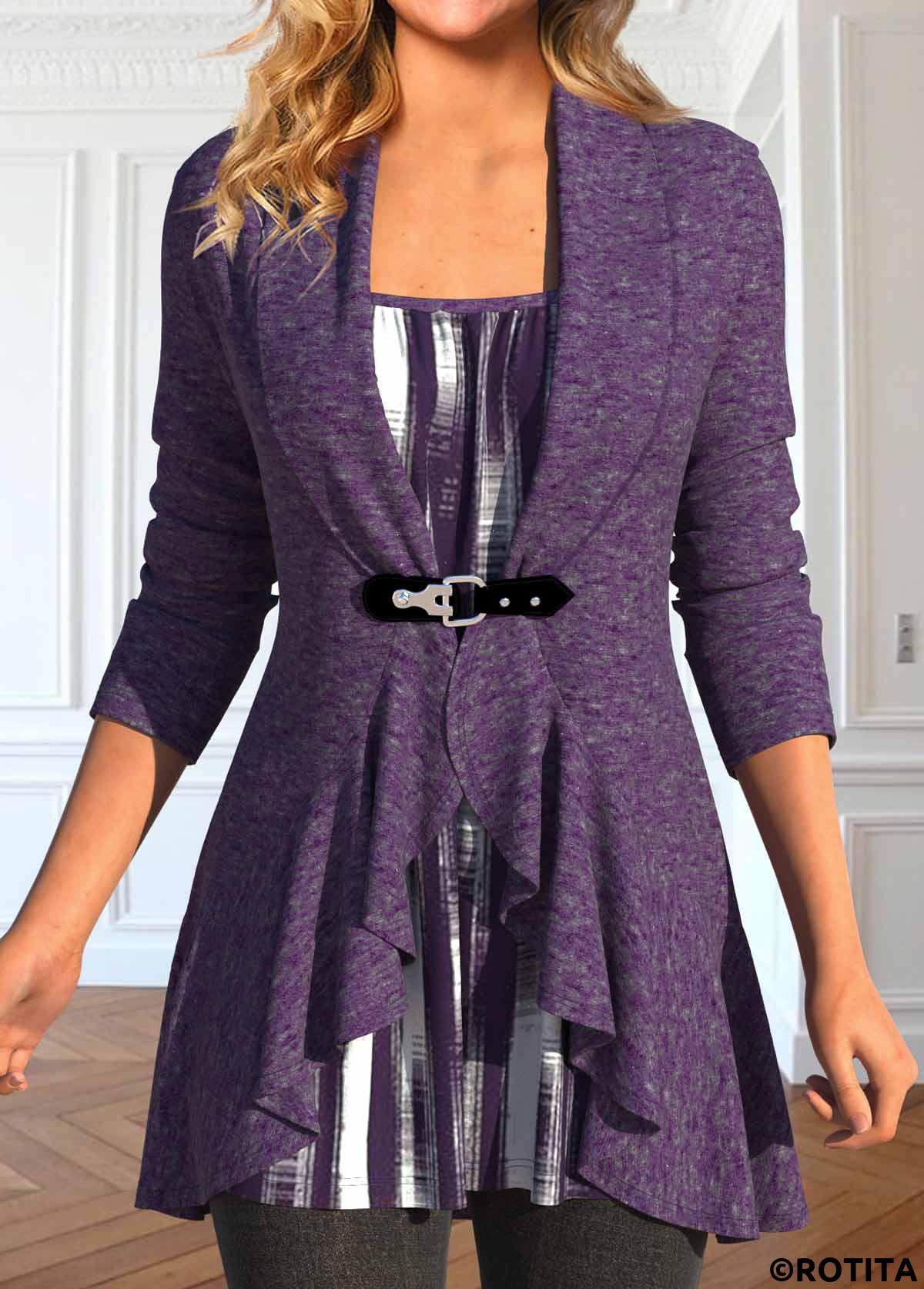 Purple tops,Geometric tops,Striped tops,ROTITA Geometric Print Purple Square Neck Fake Two Piece Twinset
