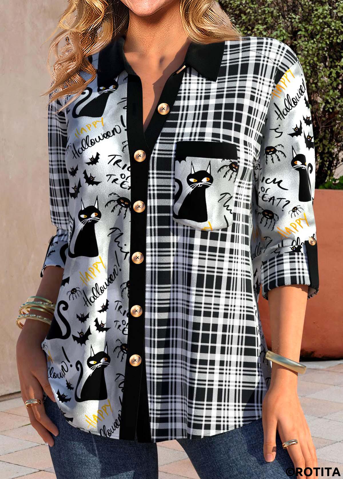 Black tops,White tops,Halloween tops,Geometric tops,Striped tops,Animal Print tops,ROTITA Patchwork Halloween Print Black Shirt Collar Blouse