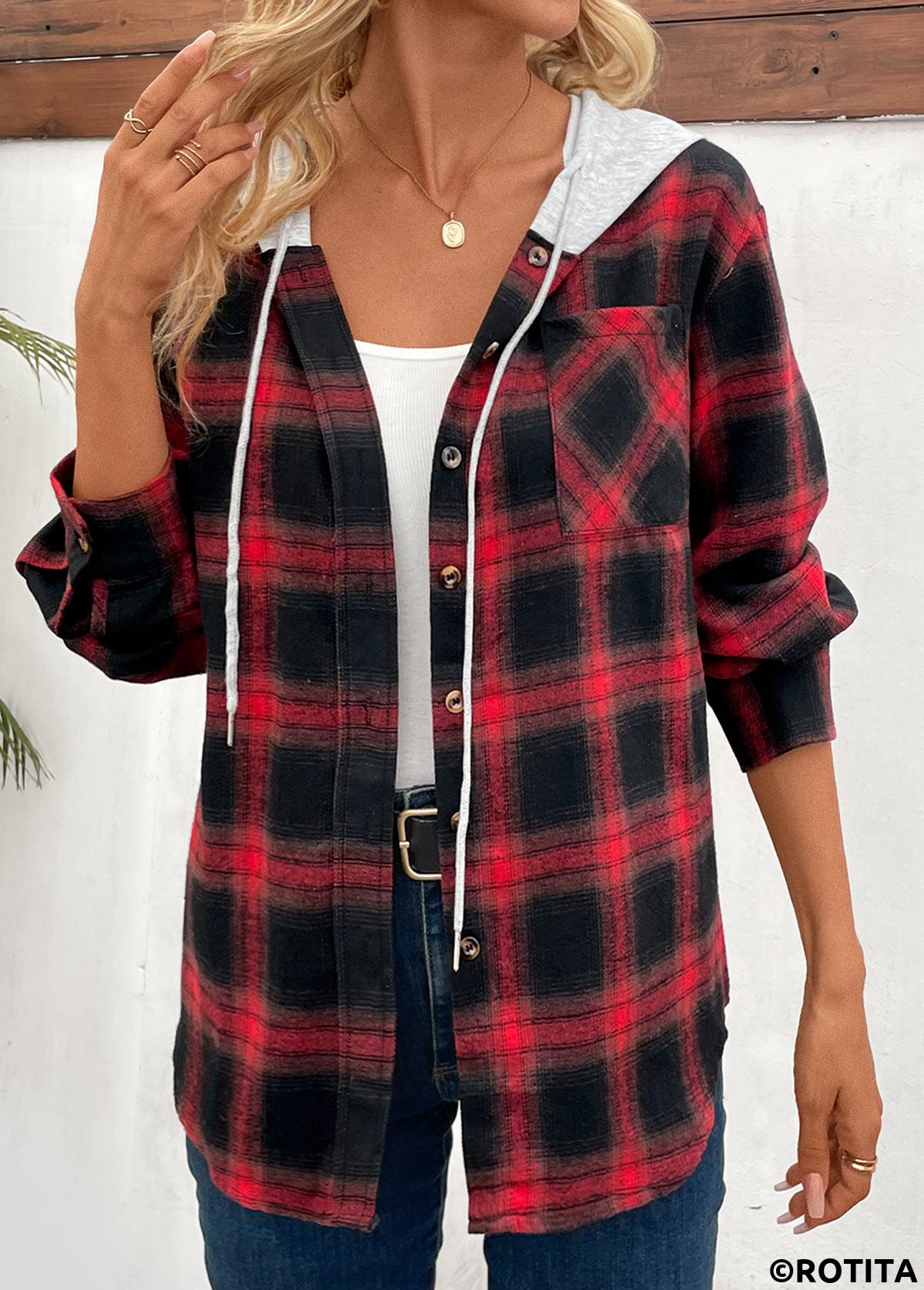 Red tops,Black tops,Plaid tops,Striped tops,Geometric tops,Ombre tops,Patchwork Plaid Red Hooded Long Sleeve Coat