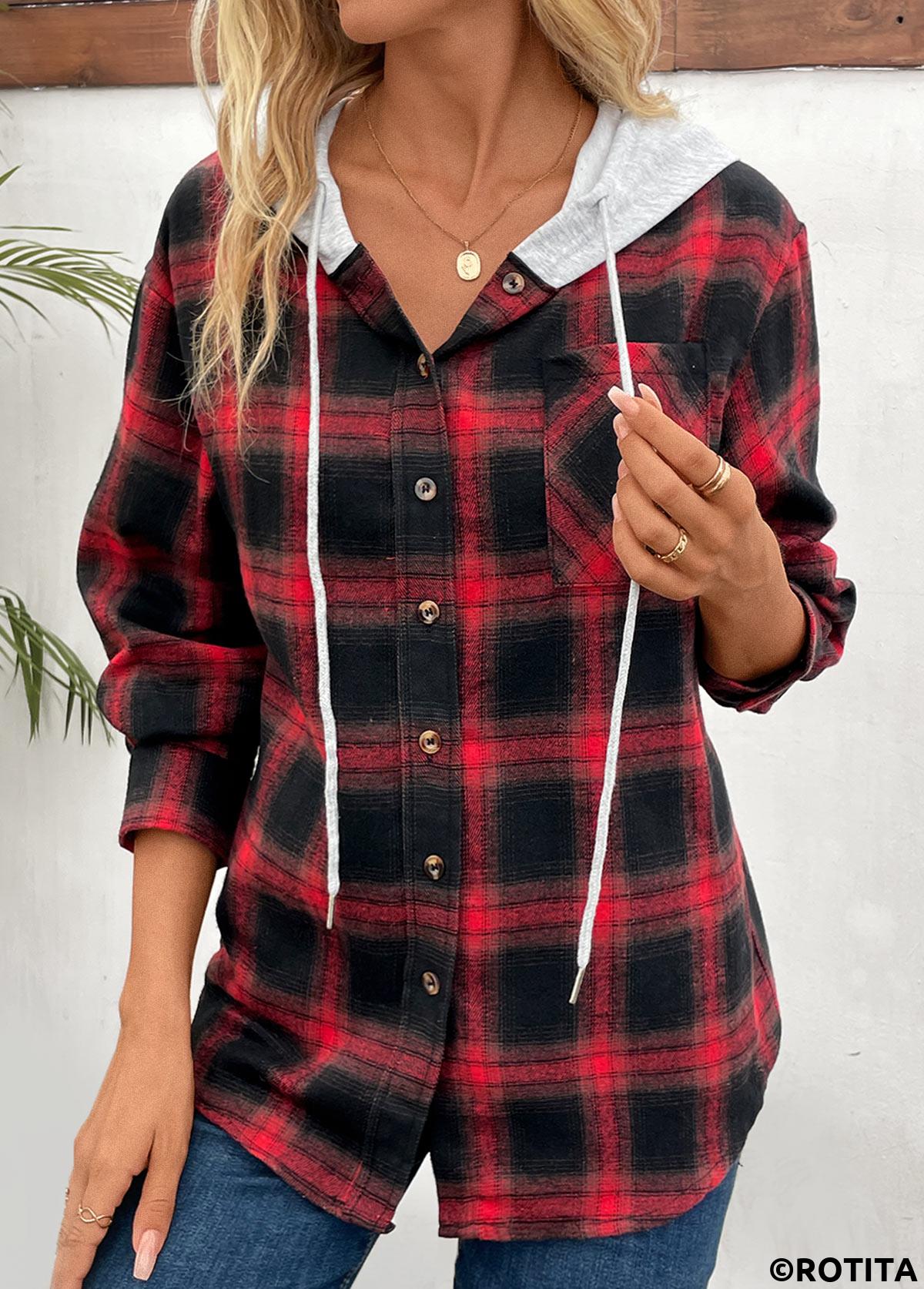 Red tops,Black tops,Plaid tops,Striped tops,Geometric tops,Ombre tops,Patchwork Plaid Red Hooded Long Sleeve Coat