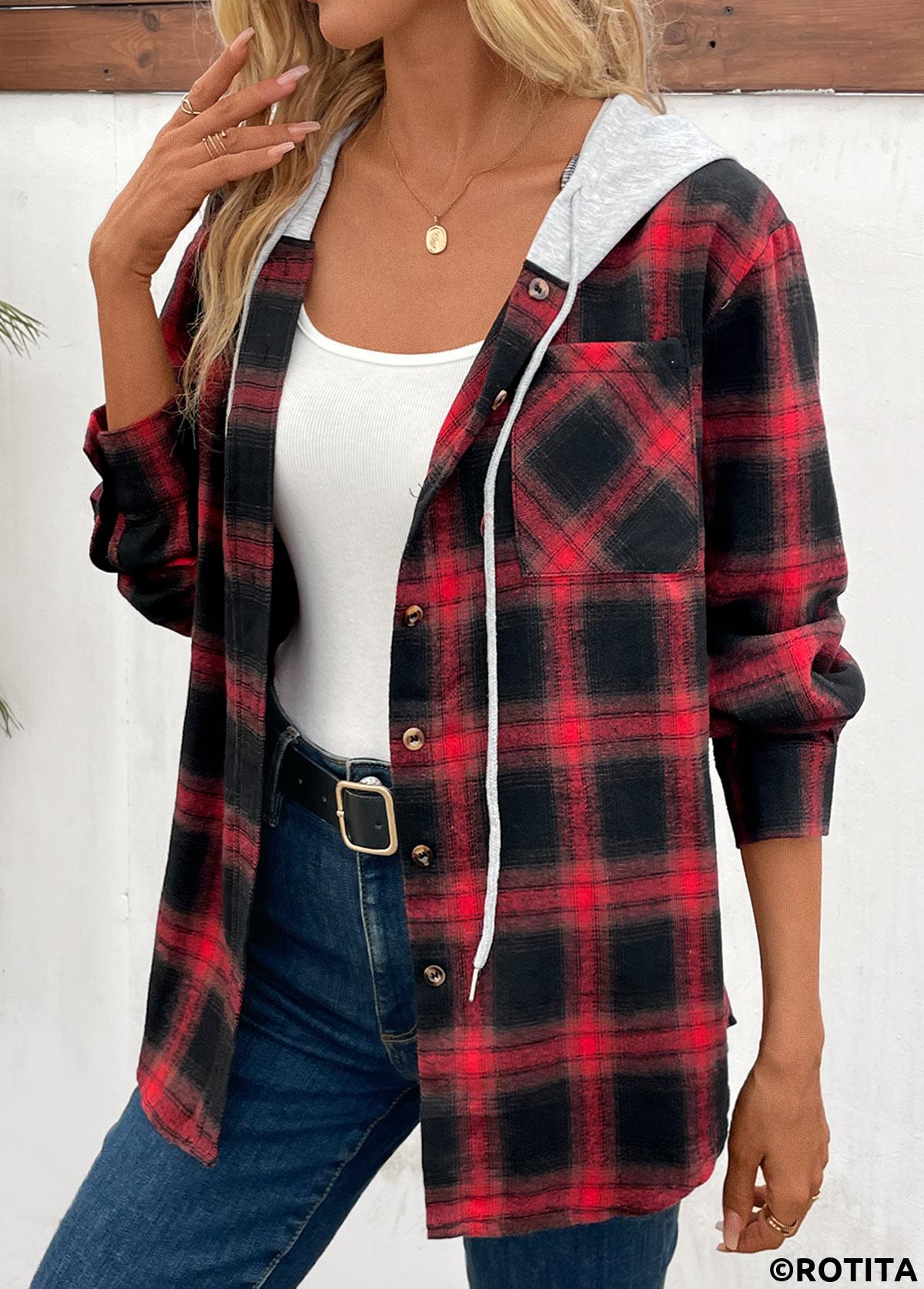 Red tops,Black tops,Plaid tops,Striped tops,Geometric tops,Ombre tops,Patchwork Plaid Red Hooded Long Sleeve Coat