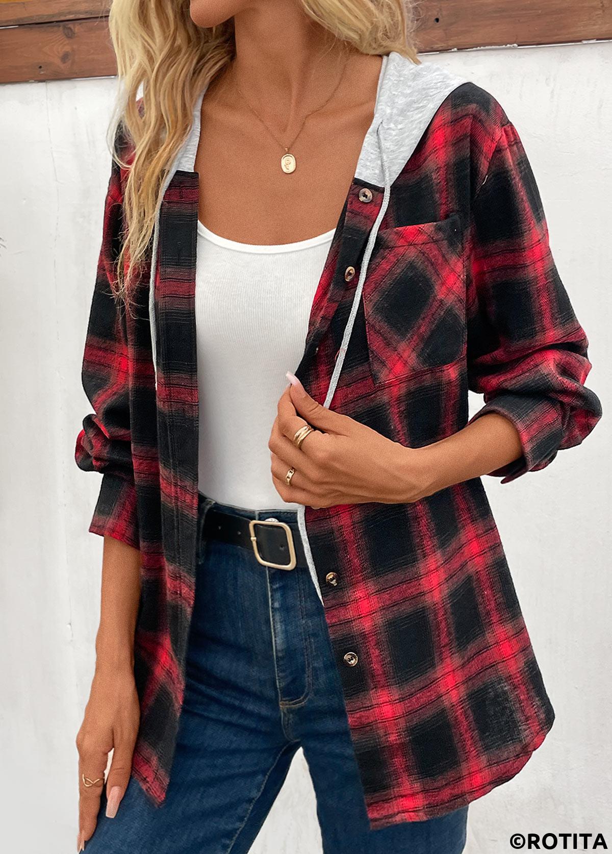 Red tops,Black tops,Plaid tops,Striped tops,Geometric tops,Ombre tops,Patchwork Plaid Red Hooded Long Sleeve Coat