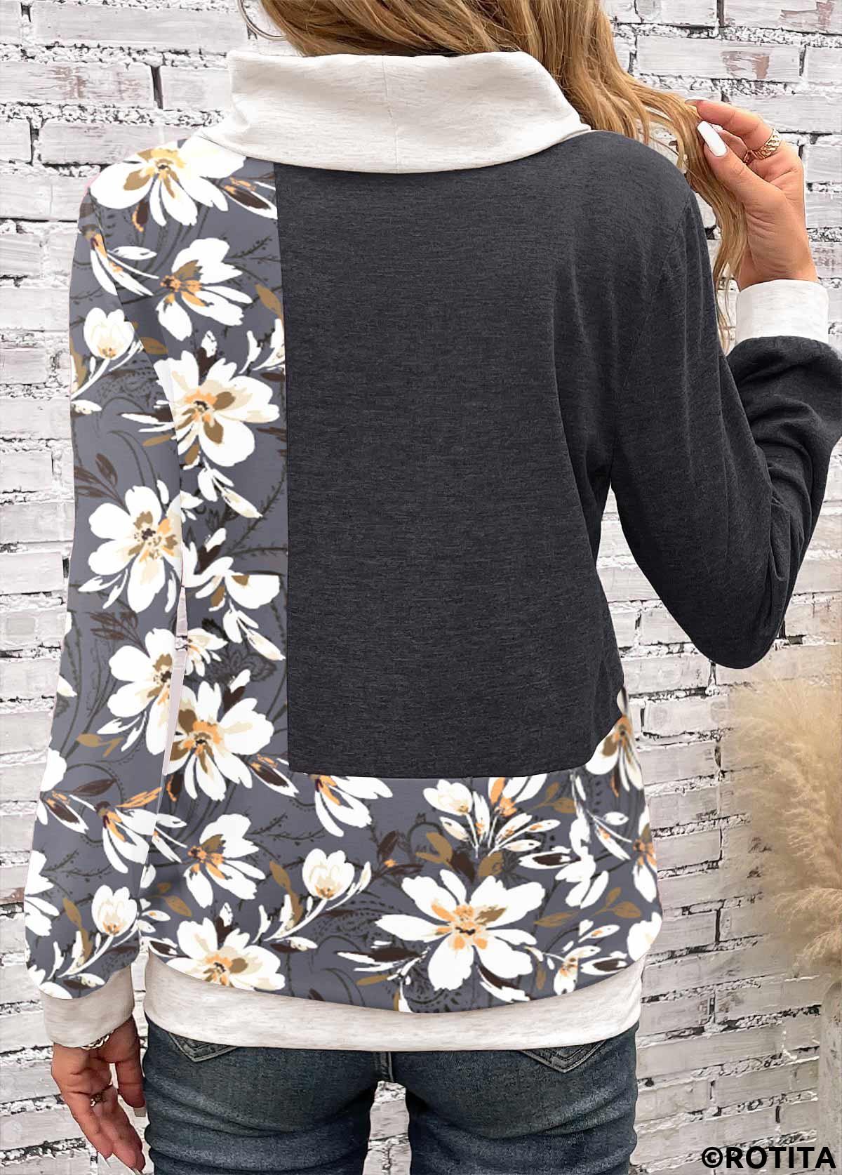 Dark Grey tops,Floral tops,ROTITA Patchwork Floral Print Dark Grey Cowl Neck Sweatshirt