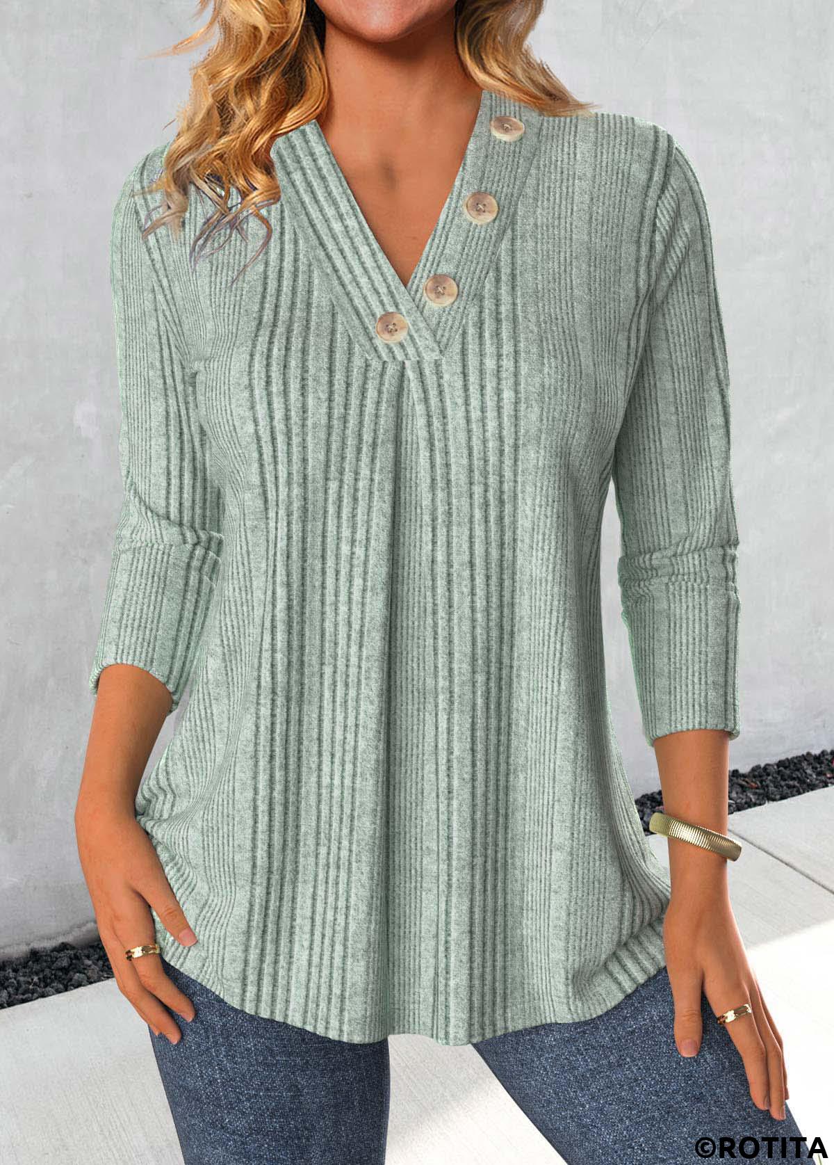 Sage Green tops,Plain Color tops,ROTITA Button Sage Green V Neck Long Sleeve T Shirt
