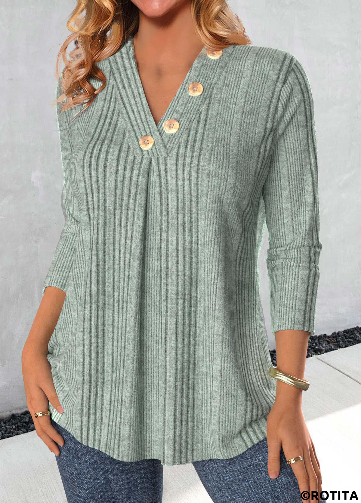Sage Green tops,Plain Color tops,ROTITA Button Sage Green V Neck Long Sleeve T Shirt