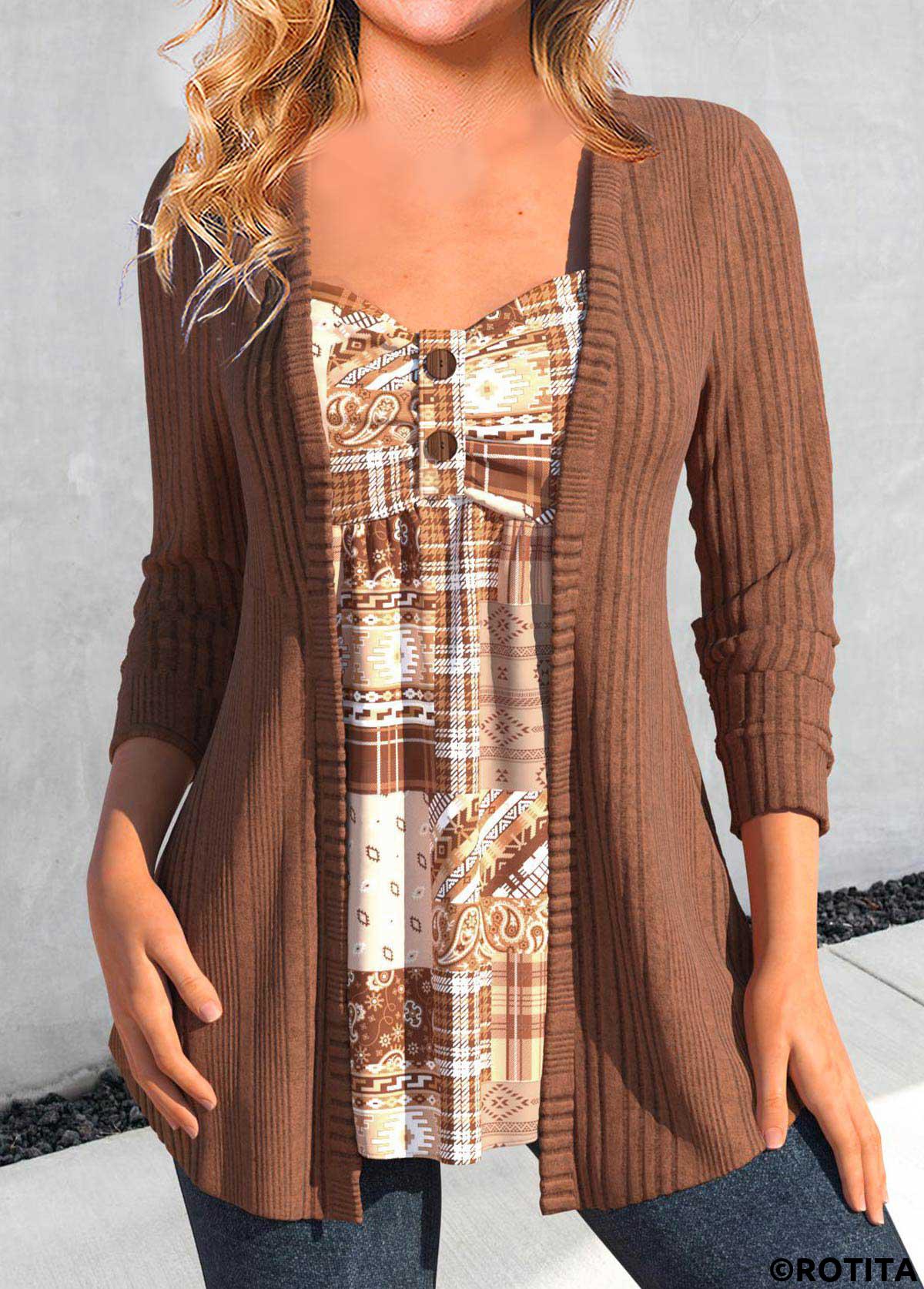 Dark Coffee tops,Geometric tops,Striped tops,Tribal tops,ROTITA Button Geometric Print Dark Coffee T Shirt