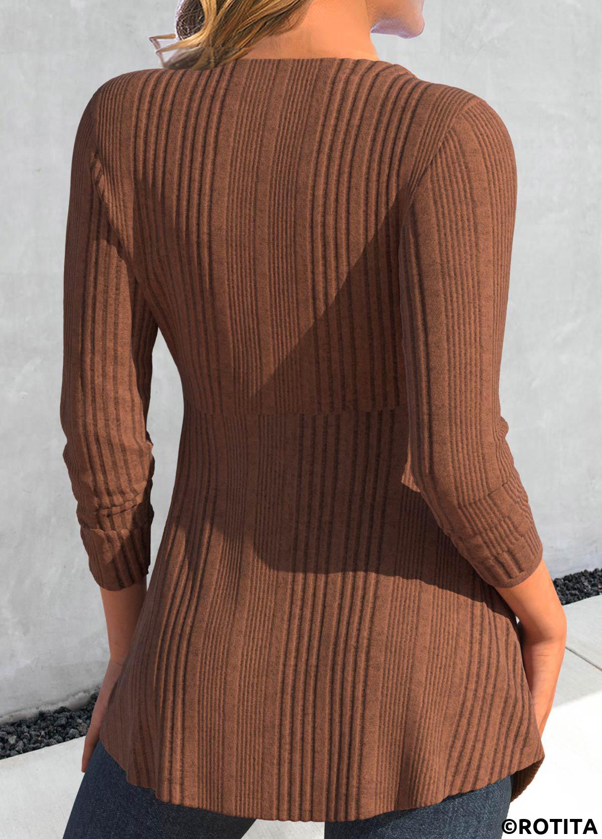 Dark Coffee tops,Geometric tops,Striped tops,Tribal tops,ROTITA Button Geometric Print Dark Coffee T Shirt