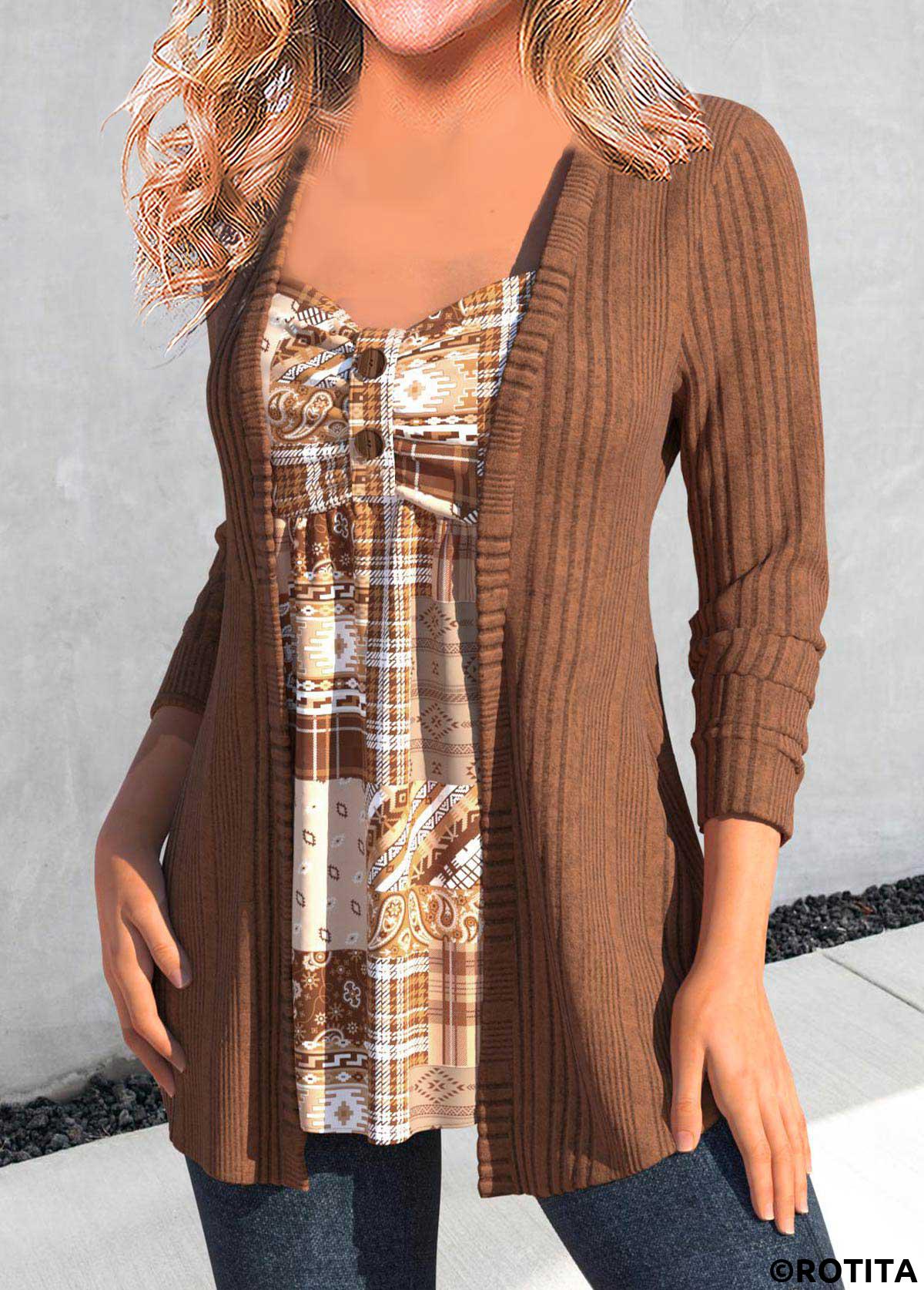 Dark Coffee tops,Geometric tops,Striped tops,Tribal tops,ROTITA Button Geometric Print Dark Coffee T Shirt