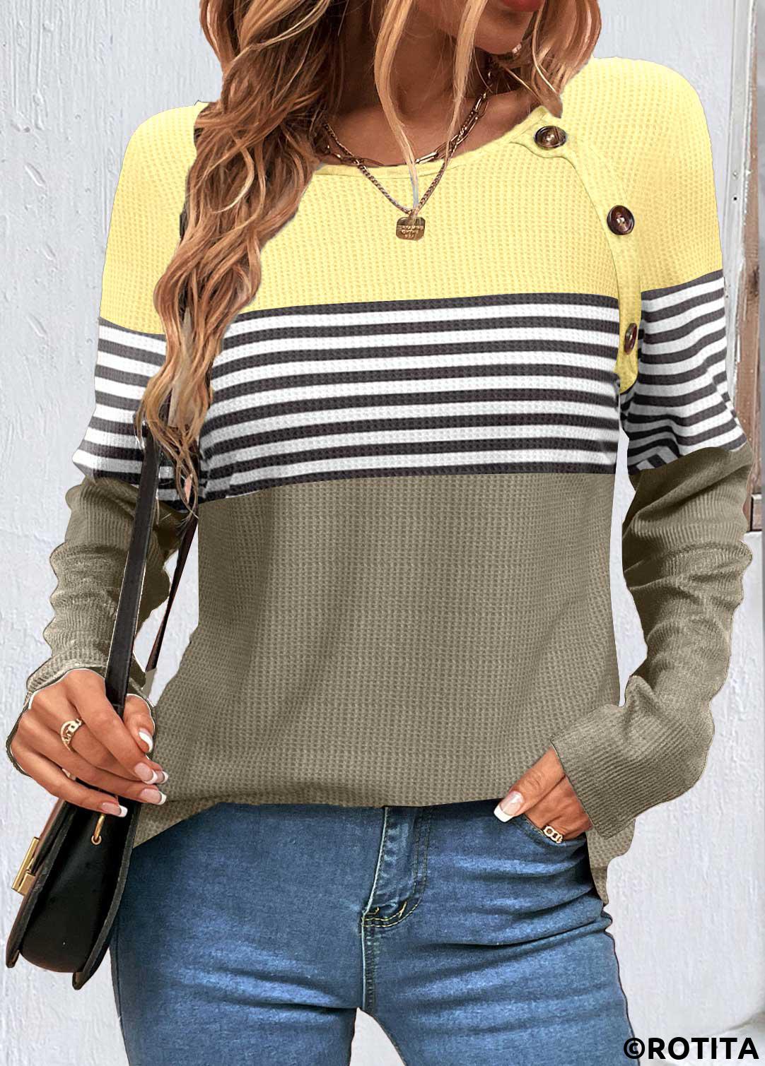 Sage Green tops,Light Yellow tops,Striped tops,ROTITA Patchwork Striped Sage Green Scoop Neck Sweatshirt