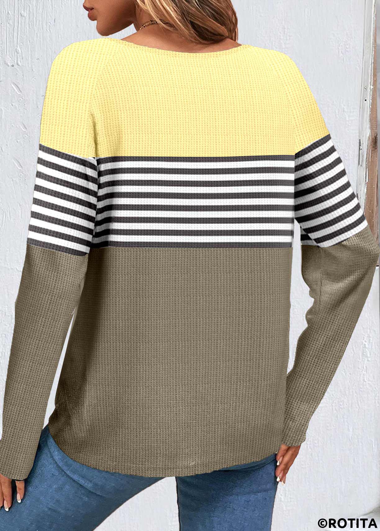 Sage Green tops,Light Yellow tops,Striped tops,ROTITA Patchwork Striped Sage Green Scoop Neck Sweatshirt