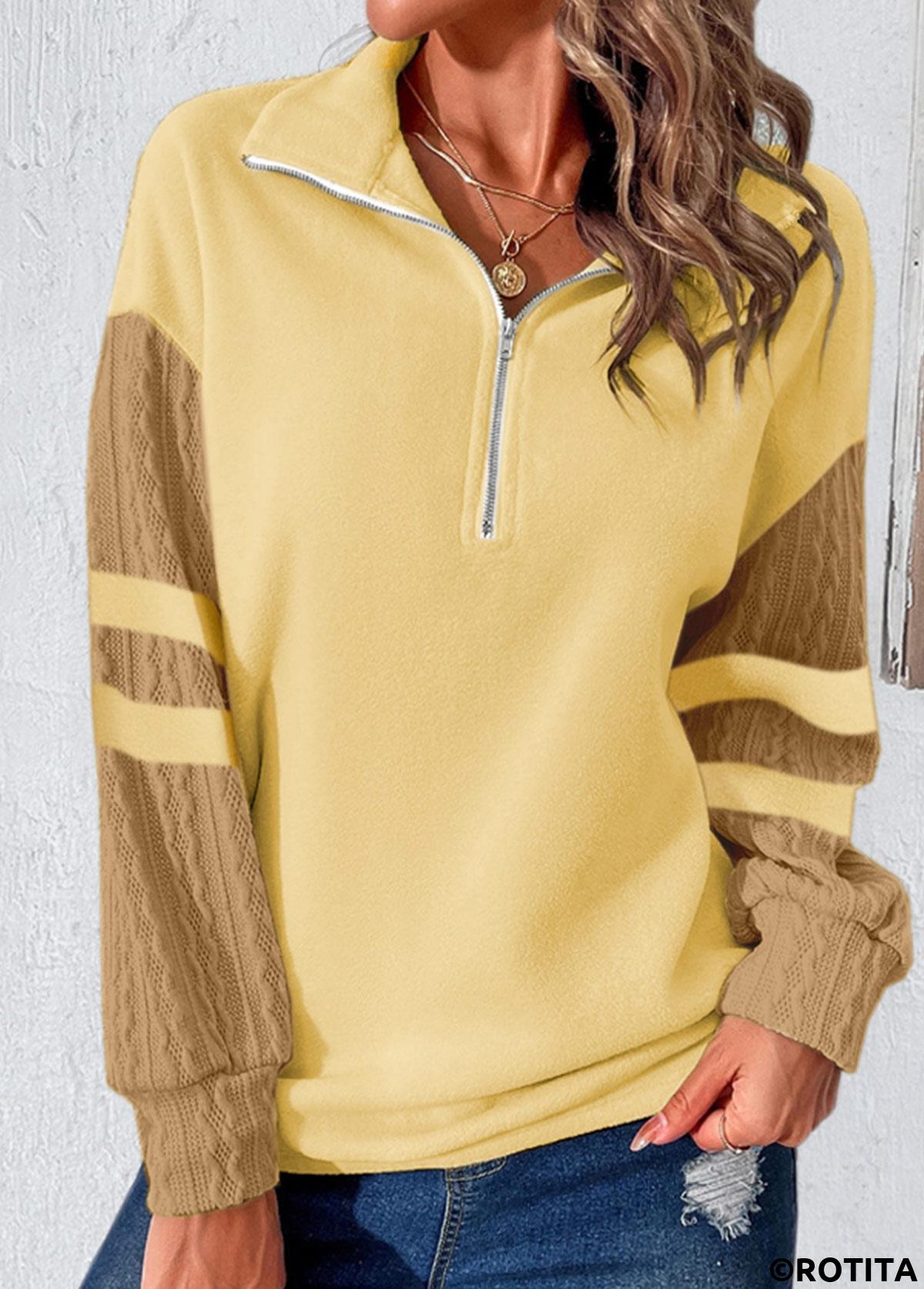 Light Yellow tops,Contrast Color tops,ROTITA Zipper Light Yellow Turn Down Collar Sweatshirt
