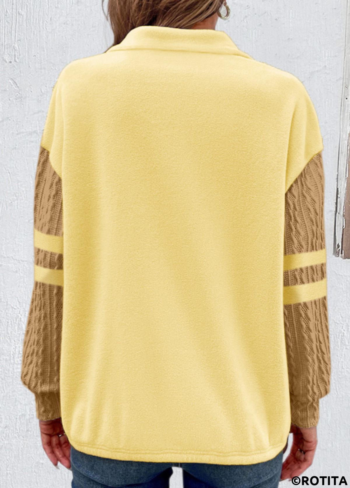 Light Yellow tops,Contrast Color tops,ROTITA Zipper Light Yellow Turn Down Collar Sweatshirt