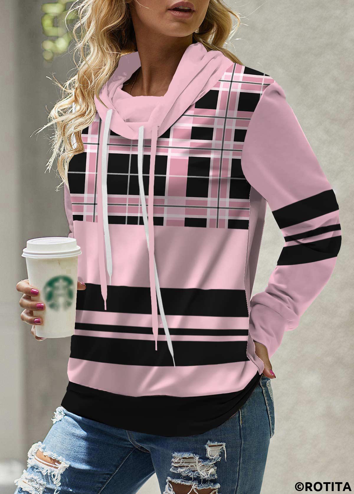 Pink tops,Plaid tops,Striped tops,Geometric tops,ROTITA Patchwork Plaid Pink Cowl Neck Long Sleeve Sweatshirt