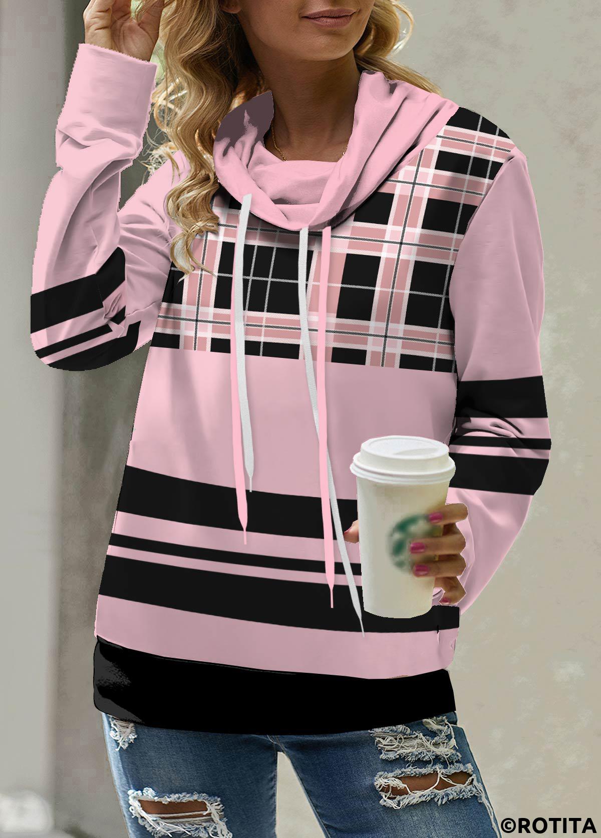 Pink tops,Plaid tops,Striped tops,Geometric tops,ROTITA Patchwork Plaid Pink Cowl Neck Long Sleeve Sweatshirt