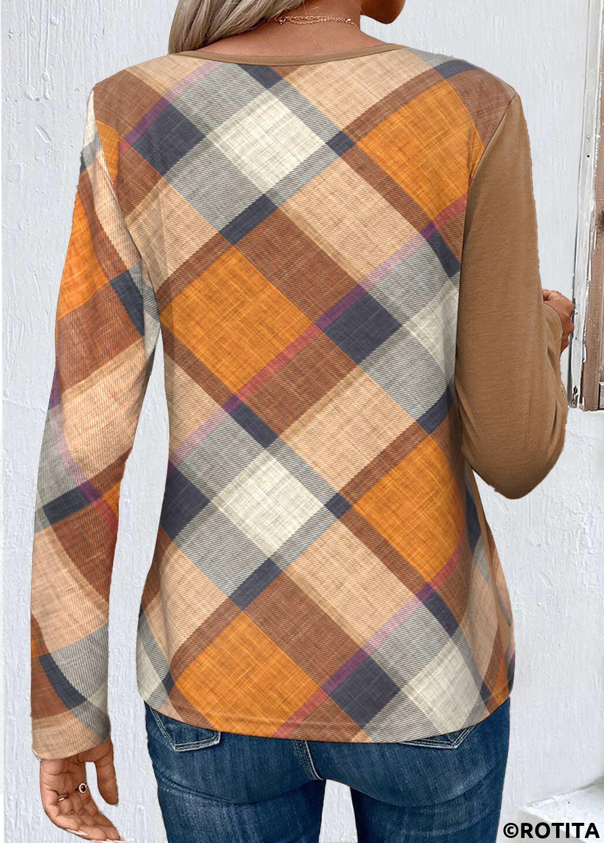 Dark Coffee tops,Plaid tops,Striped tops,Geometric tops,ROTITA Layered Plaid Dark Coffee Round Neck T Shirt
