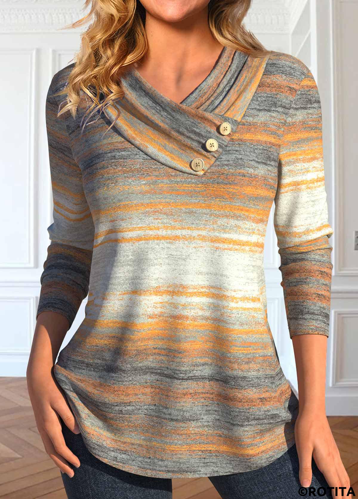 Multi Color tops,Striped tops,Geometric tops,ROTITA Button Striped Multi Color V Neck T Shirt