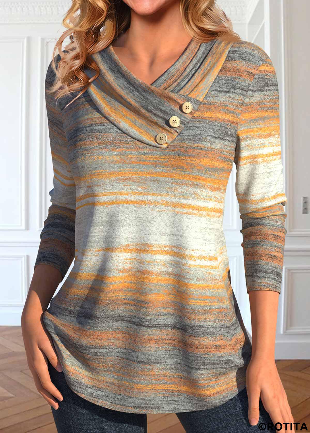 Multi Color tops,Striped tops,Geometric tops,ROTITA Button Striped Multi Color V Neck T Shirt
